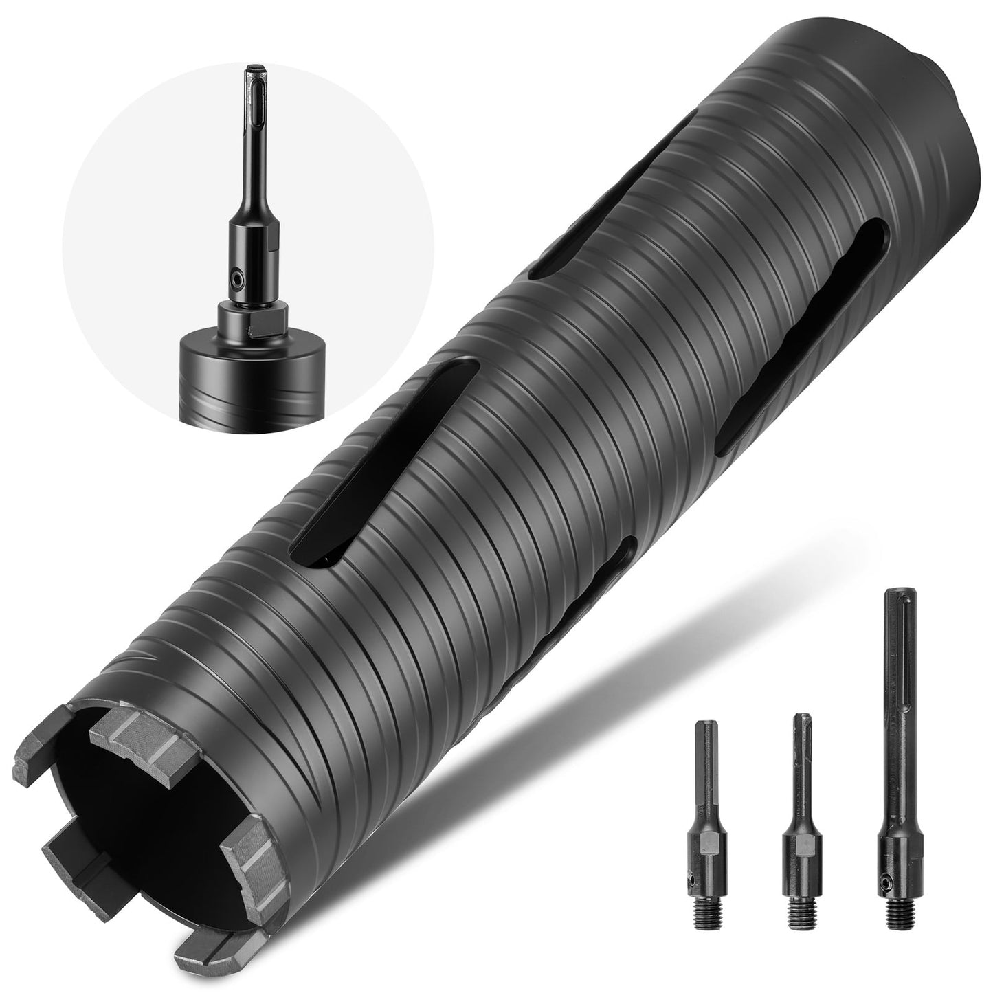 KFFKFF Core Drill Bit, 2-1/2 inch Diameter, 9-1/2 inch Depth, 5/8-11 Internal Thread, Diamond Dry Coring Bit with 3 Adapters, Pilot Drill, and Hex Wrench, Suitable for Concrete, Red Bricks