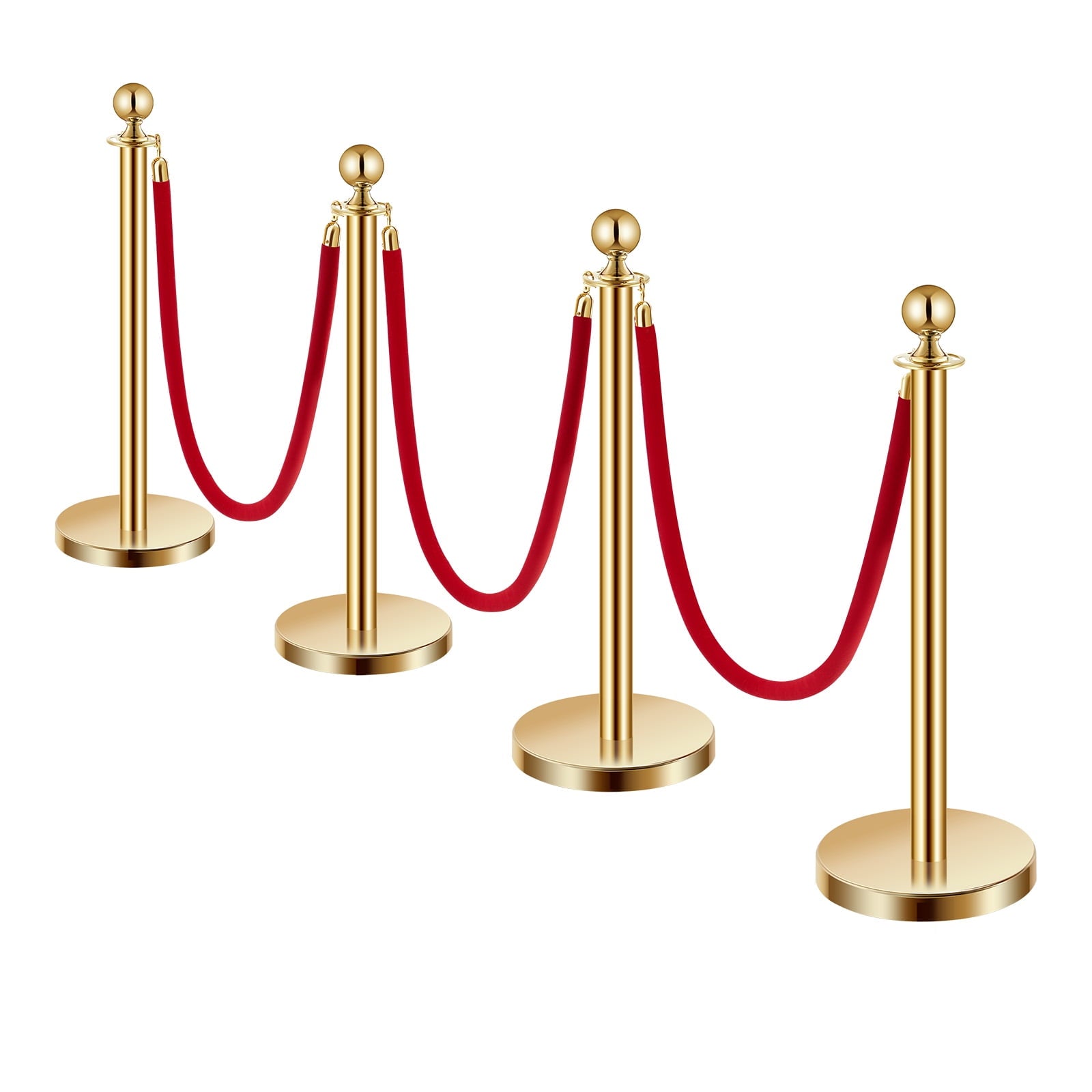 KFFKFF Crowd Control Barriers, Set of 4, Stainless Steel Posts with Hollow Base, 3 Red Velvet Ropes, Gold-Colored Stanchions, Red Carpet Runner Poles, Ideal for Party Supplies