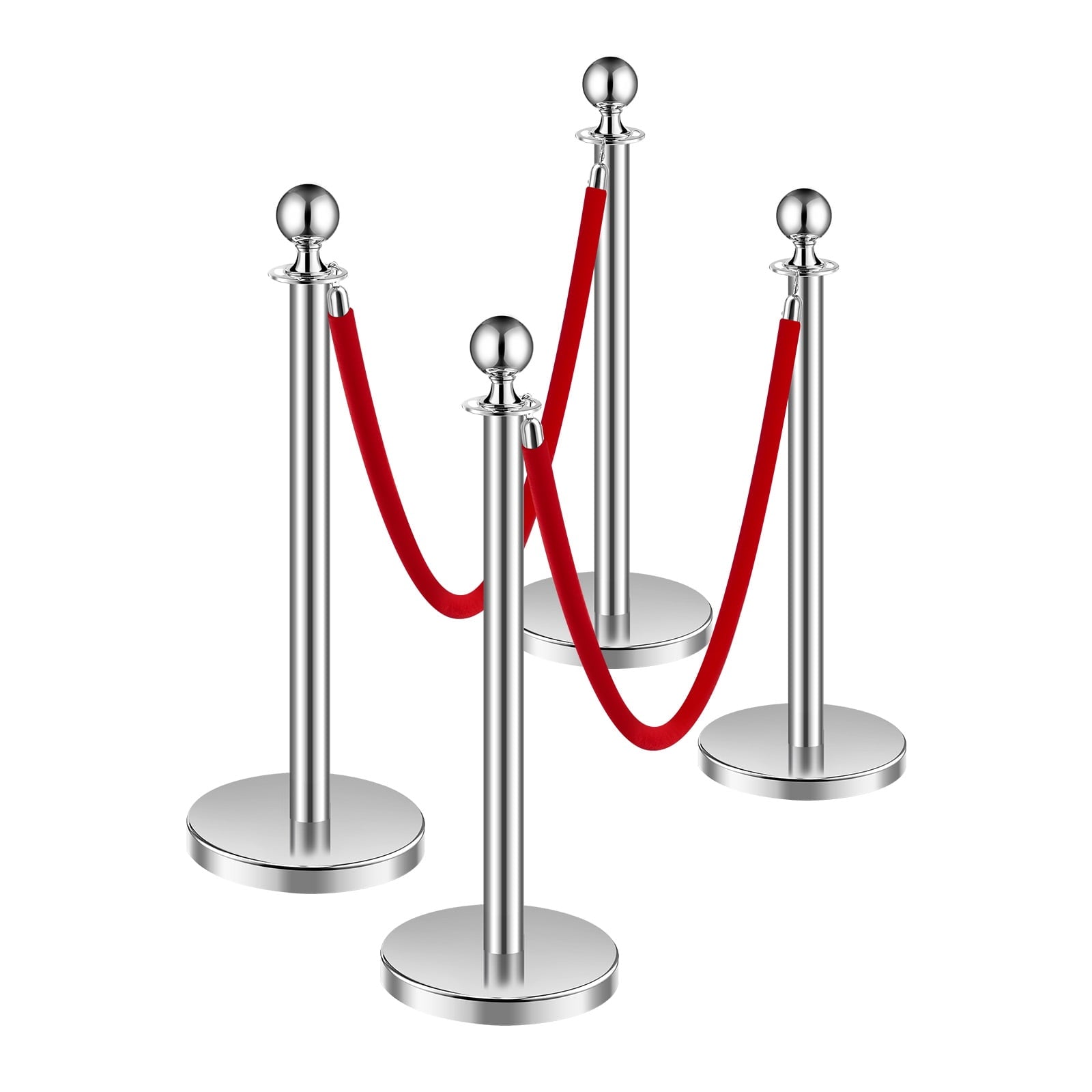KFFKFF Crowd Management Poles and Velvet Cords Set of 4, Stainless Steel Posts with Empty Base, 2 Red Velvet Cords and Posts, Silver Crowd Control Poles, Red Event Carpet Poles for Event Essentials