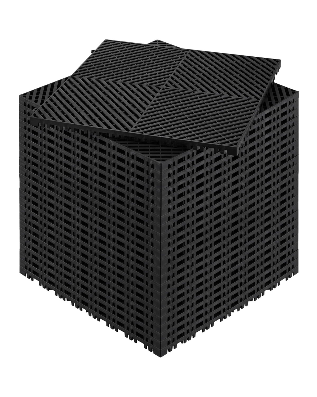 KFFKFF Drainage Floor Tiles, 15.7â€ x 15.7â€ Interlocking Comfort Modules, Set of 24 Connectable Drain Mats, Slip-Resistant Black PP Shower and Floor Mat, Ideal for Garage, Garden