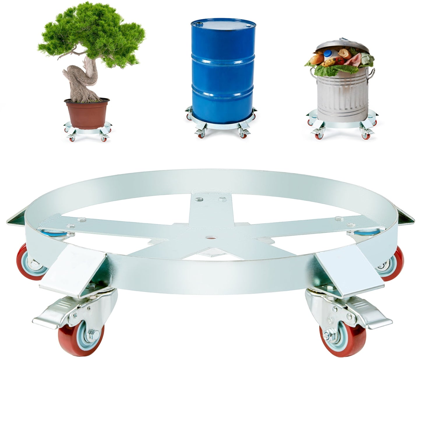 KFFKFF Durable 55 Gallon Drum Dolly, 1250lbs Capacity, Secure Barrel Cart, Non-Tipping, Made of Steel, Equipped with 5 Swivel Casters for Smooth Movement in Storage Areas