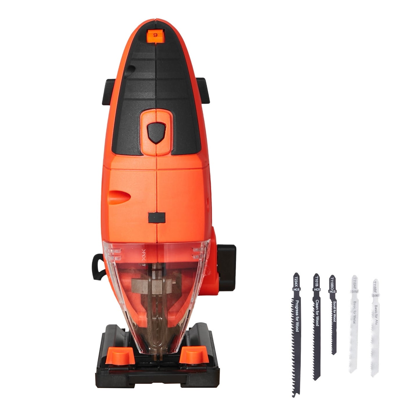 KFFKFF Electric Jigsaw, 6.5 Amp Motor, 3000 SPM Blade Speed, Includes 6 Blades, LED Light, Adjustable 6-Speed Control, 0-45Â° Bevel Cuts, 4 Orbital Modes for Straight and Circular Cuts