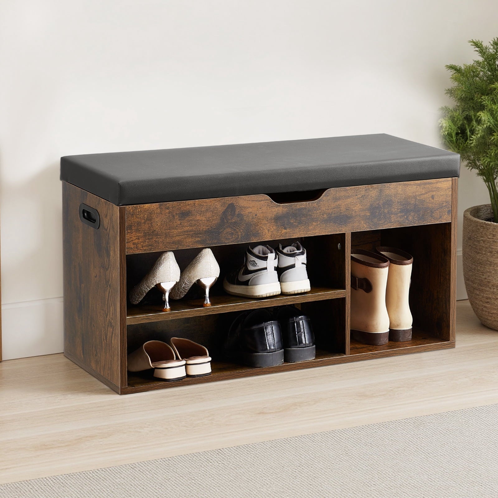 KFFKFF Entryway Shoe Bench  with Cushion, Shoe Storage with Lift-Top Compartment, 300lbs Capacity Bench with 3 Storage Sections for Hallway, Living Room, 31.7 x 12.0 x 17.5Inch