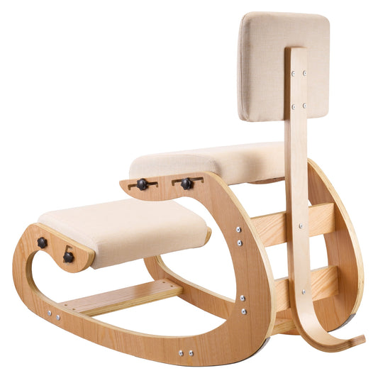 KFFKFF Ergonomic Kneeling Chair with Adjustable Foam Cushions, Wooden Frame, Backrest, and Height Adjustment for Neck and Back Comfort in Home, Office, or Meditation Settings