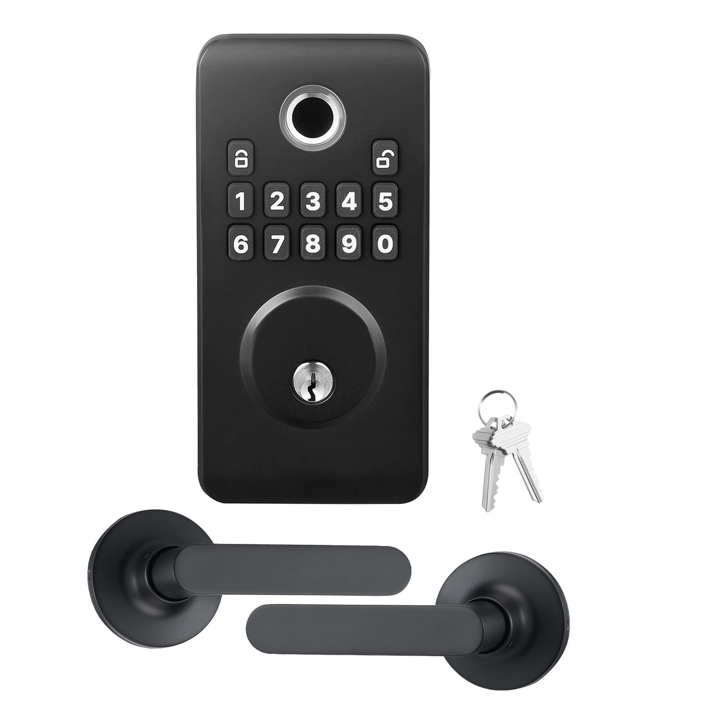 KFFKFF Fingerprint Door Lock Set, Electronic Biometric Deadbolt with Handle, Ergonomic Grip Design, Keyless Entry, Auto Locking, Temporary Code, Privacy Protection, Matte Black