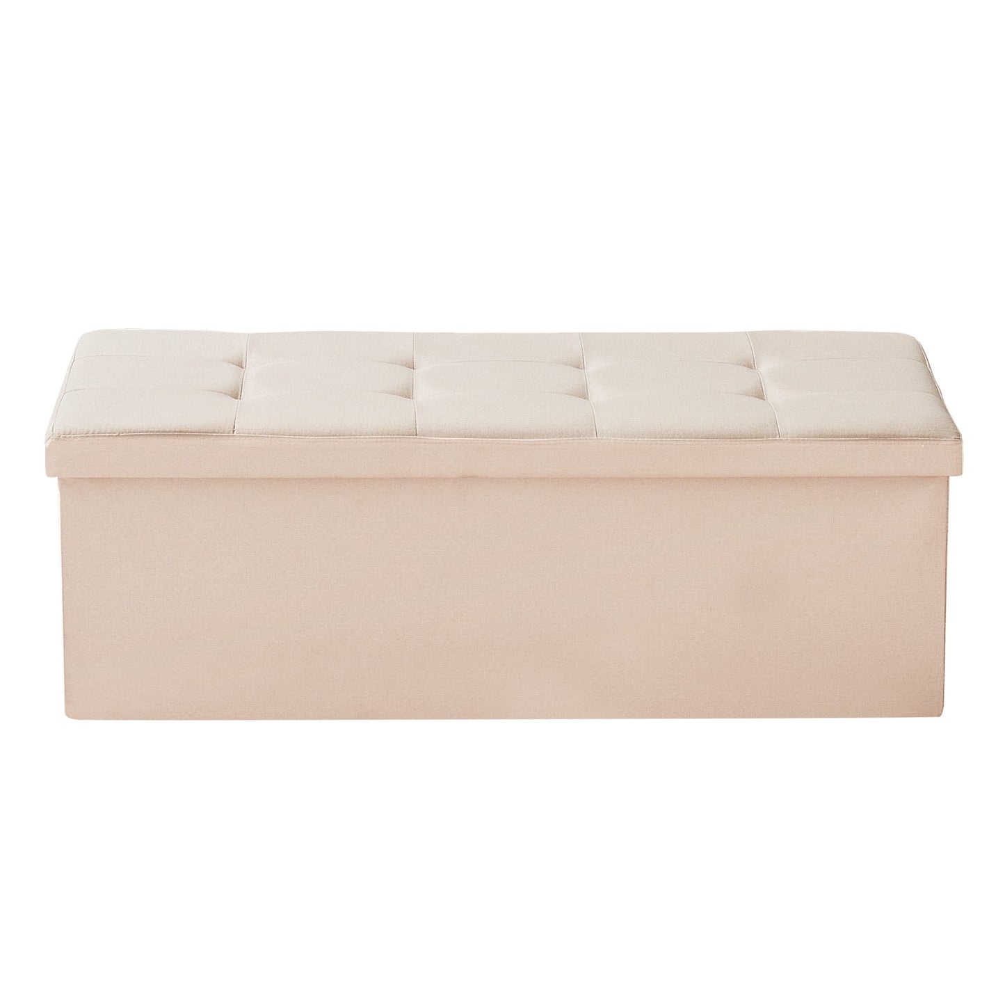 KFFKFF Foldable Storage Ottoman Bench with Side Pockets, Upholstered Chest for Living Room, Bedroom, or Entryway, Beige Linen Design, Supports 660 lbs, Spacious and Practical Folding Bench