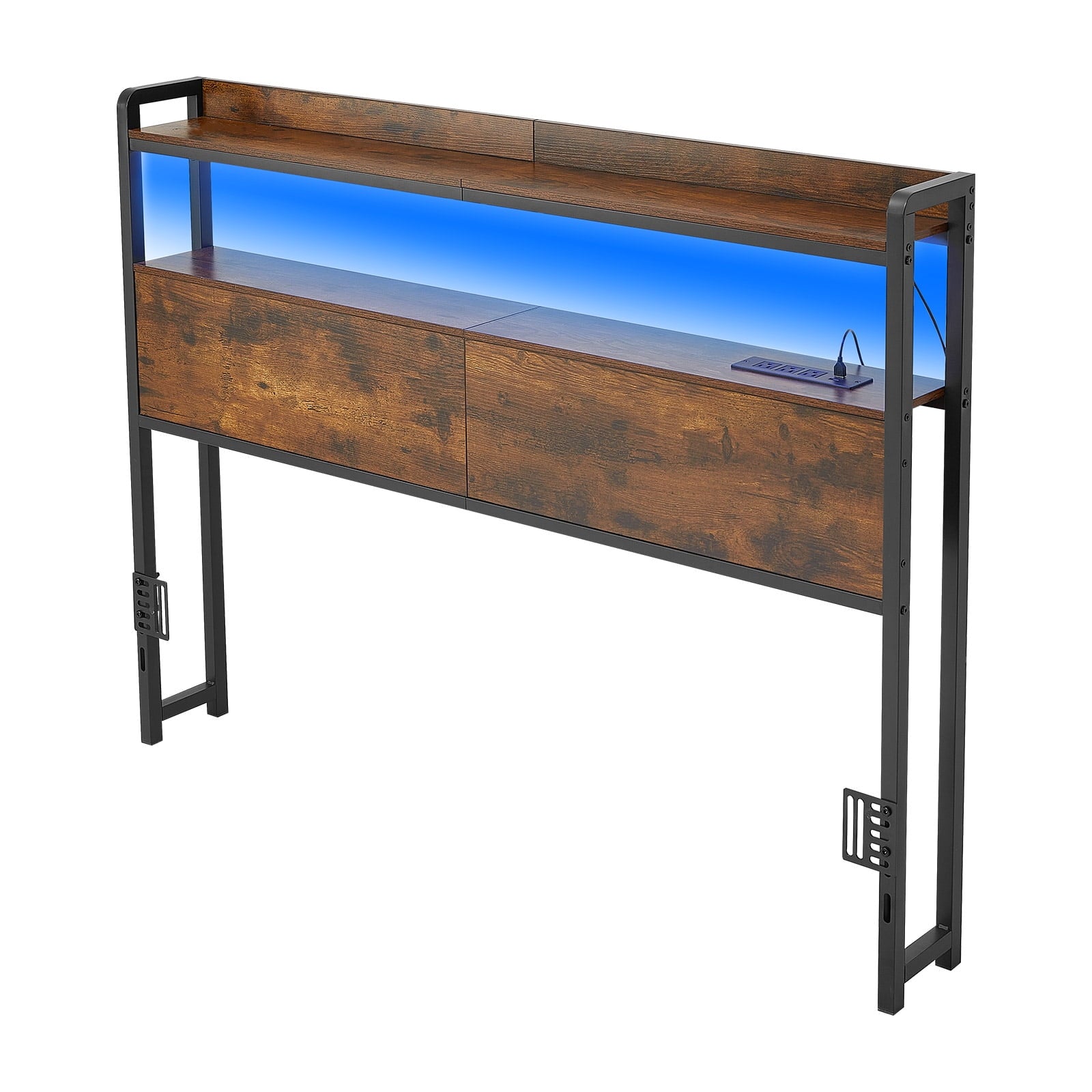 KFFKFF Full Size Bed Headboard with Storage Shelves, LED Lighting, Power Outlets, USB Ports, Adjustable Height, and Durable Carbon Steel Frame, Black