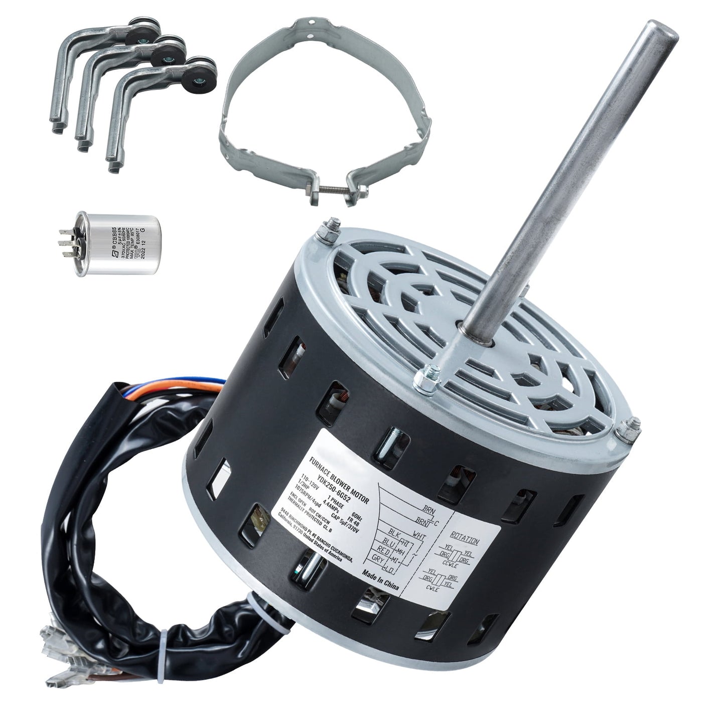 KFFKFF Furnace Fan Motor, 1/3HP, 110/120V at 4.4Amps, 1075RPM with 4 Speeds, Clockwise/Anti-Clockwise Rotation, 48 Frame with 5.2" Shaft Length, 5Î¼F/370V Capacitor and 11" Support Ring