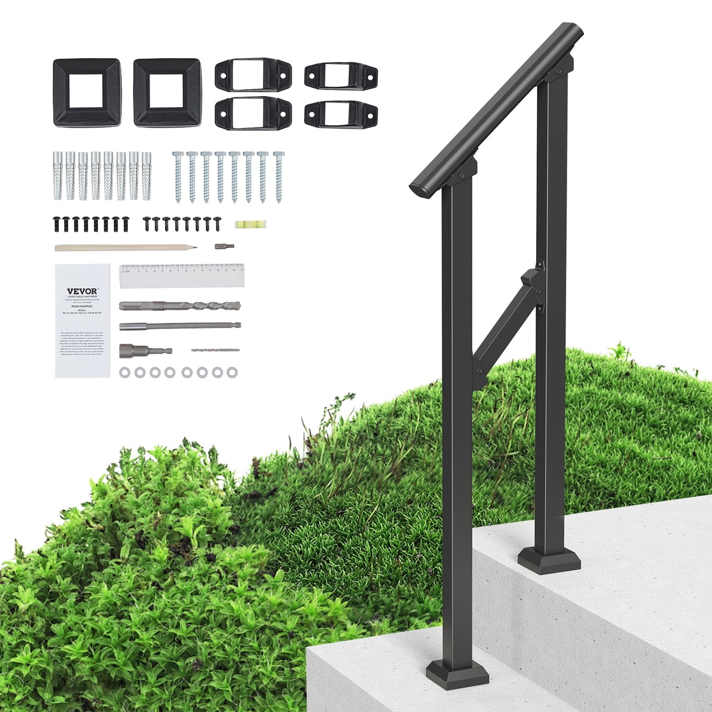KFFKFF Handrails for Outdoor Steps, 1-2 Step Stair Rail Kit, Durable Carbon Steel Railings with Installation Accessories, Stair Rails for Safety, Suitable for Concrete Steps, Porch, and Deck