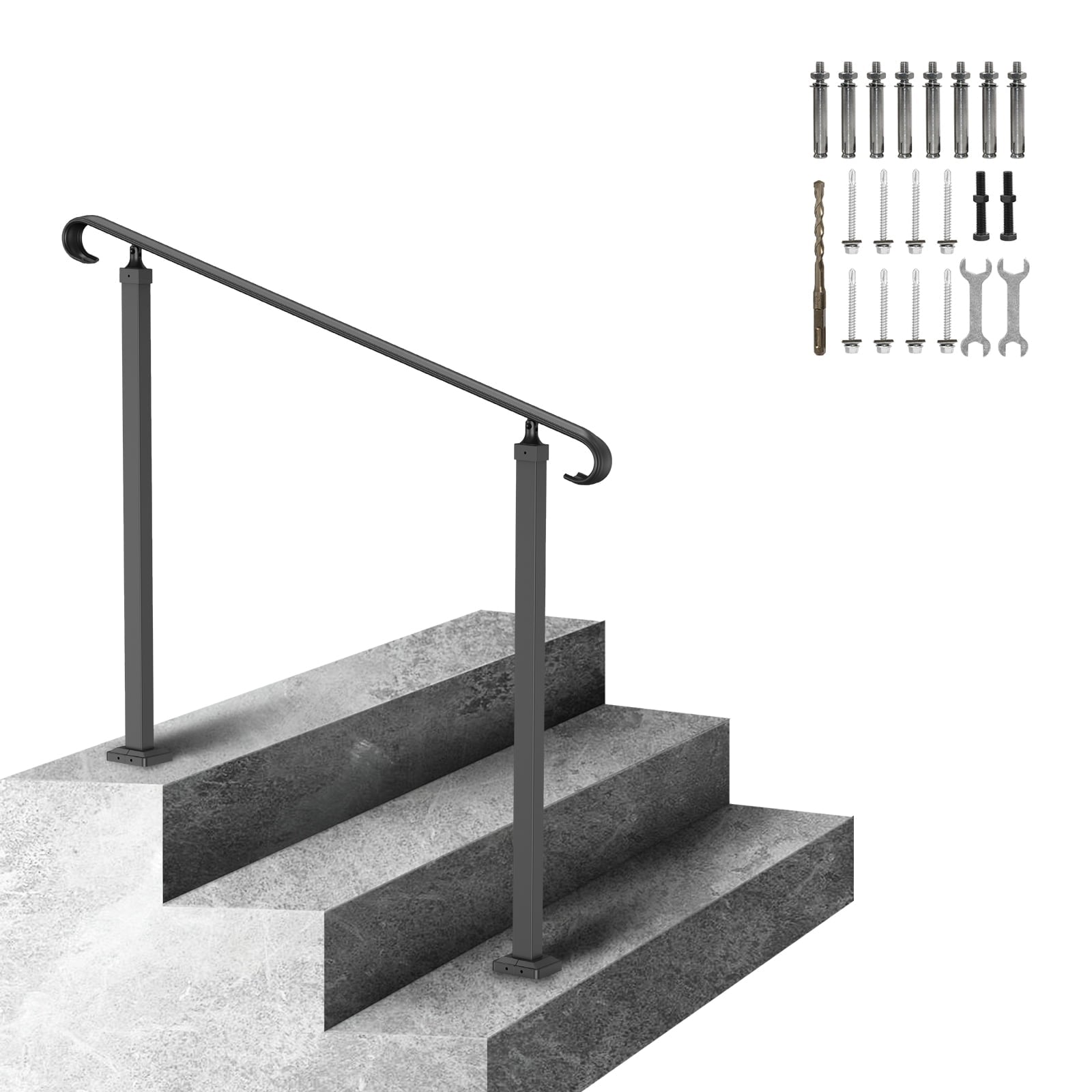 KFFKFF Handrails for Outdoor Steps, Adjustable Wrought Iron Railing for 1-3 Steps, Outdoor Stair Handrail, Black Porch Railings for Concrete or Wooden Stairs