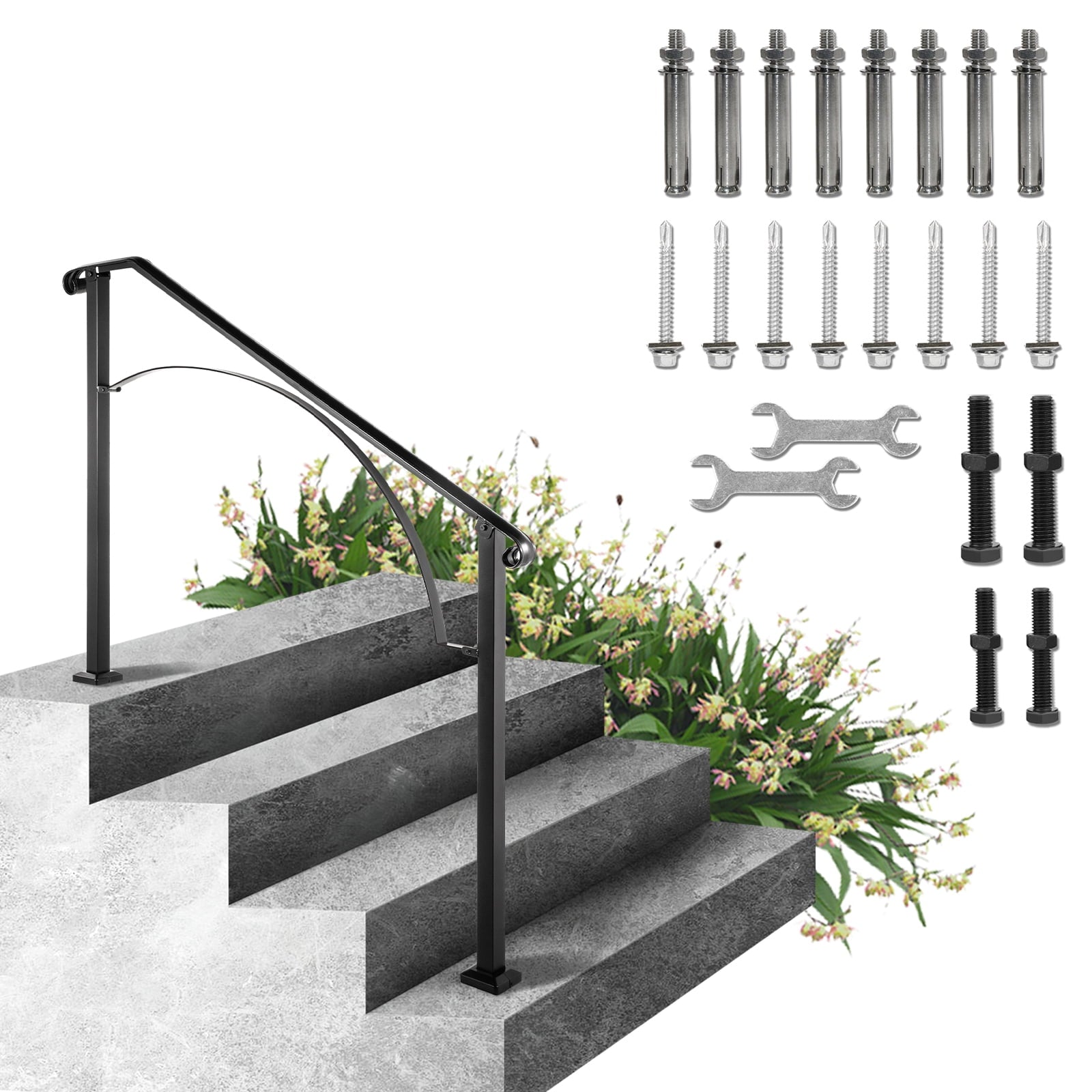 KFFKFF Handrails for Outdoor Steps, Suitable for 3 or 4 Stairs, Arch#3 Wrought Iron Railing, Versatile Porch Handrail, Black Durable Handrails for Concrete or Wooden Stairs