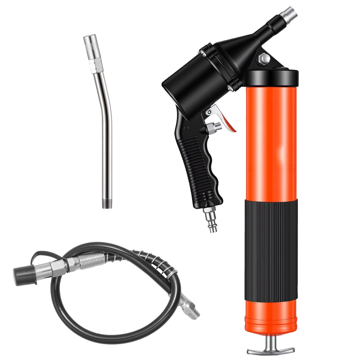 KFFKFF Heavy Duty Grease Gun, 6000 PSI High Pressure, Pistol Grip Design with 14 oz Capacity, Includes 18-Inch Flexible Hose, Rigid Extension Pipe, and Flat Nozzles for Automotive Use