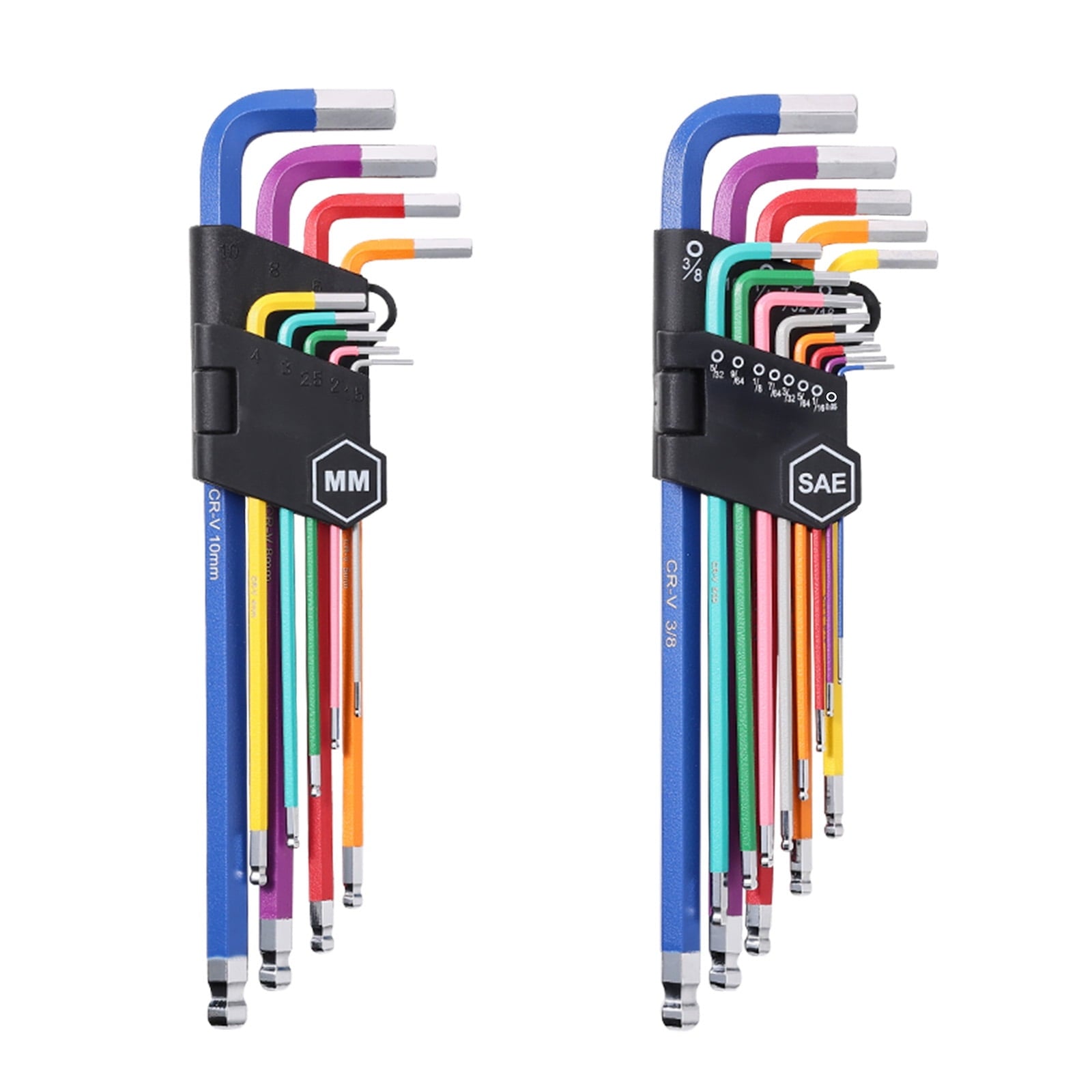 KFFKFF Hexagonal Key Wrench Kit, Set of 22, SAE (0.050-3/8 in) and Metric (1.5-10 mm), Color-Coded Wrench Sets with Ball End, Extended Arm L-Shape Hex Key for Bike, Home, Car Maintenance