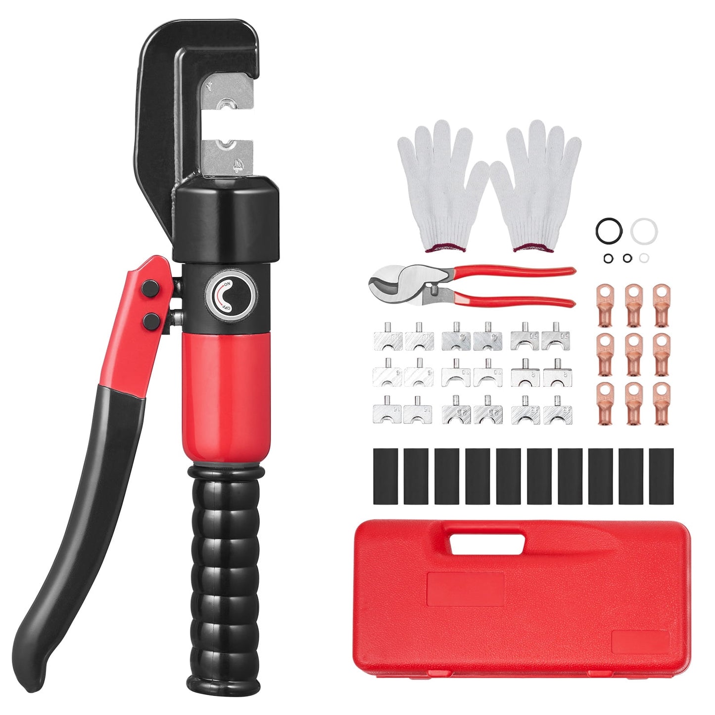 KFFKFF Hydraulic Compression Device with Nine Die Sets for AWG12-2/0 Copper and Aluminum Battery Terminal Lugs, Includes Cutting Pliers, Gloves, Five Copper Ring Connectors