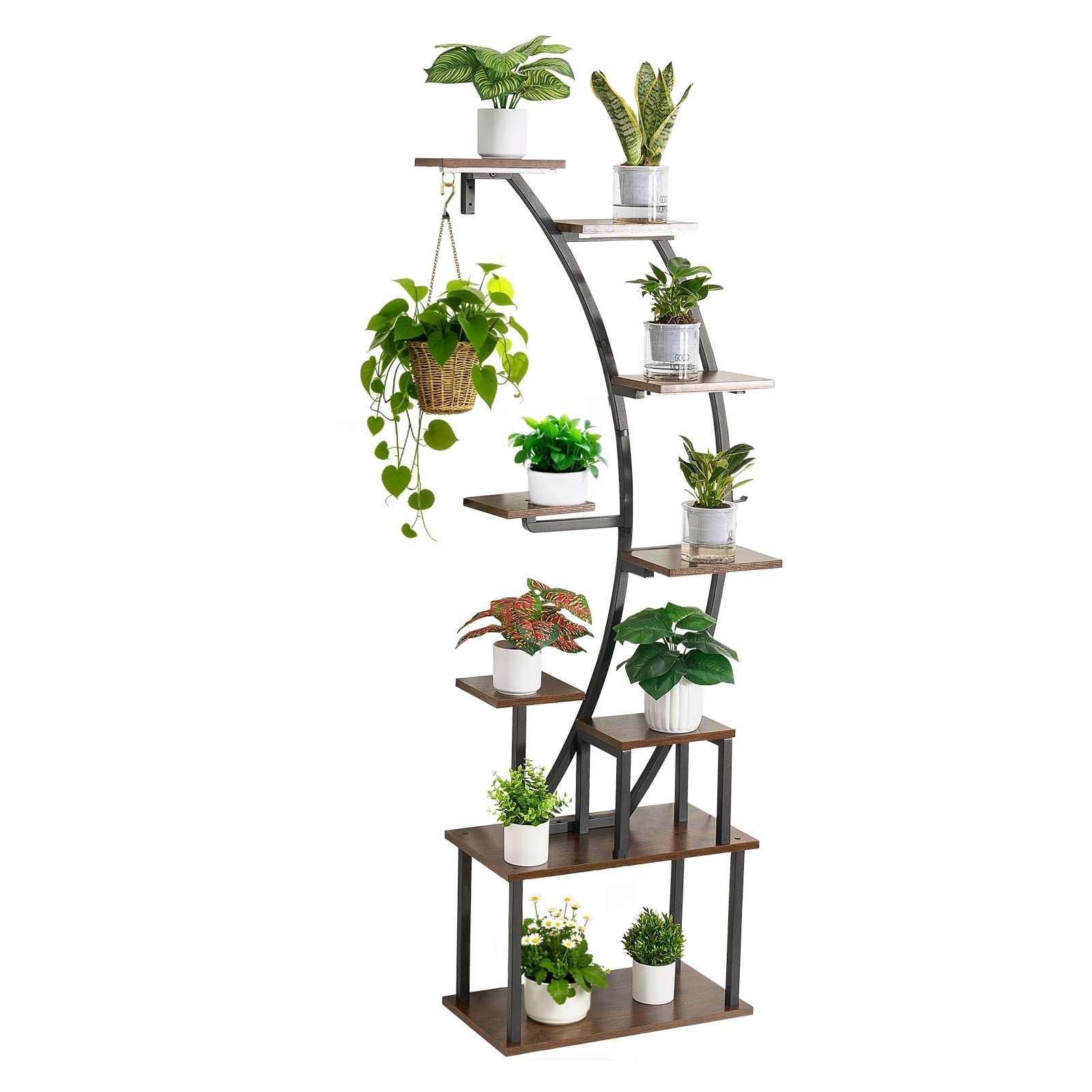 KFFKFF Indoor Plant Stand with Grow Lights, 63-Inch Tall 9-Tier Shelf, Metal Corner Holder, Adjustable Timer & Brightness, Curved Flower Display Rack for Home and Balcony Decoration