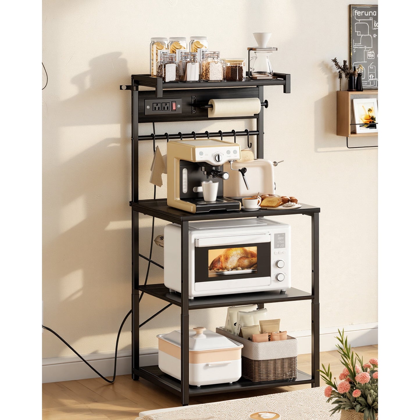KFFKFF Kitchen Bakers Rack with Power Outlet, 4.6ft Cable, 23.6" Wide with Sturdy X-Shaped Support, 8 Hooks, and Storage for Dishes, Spices, and Coffee Essentials