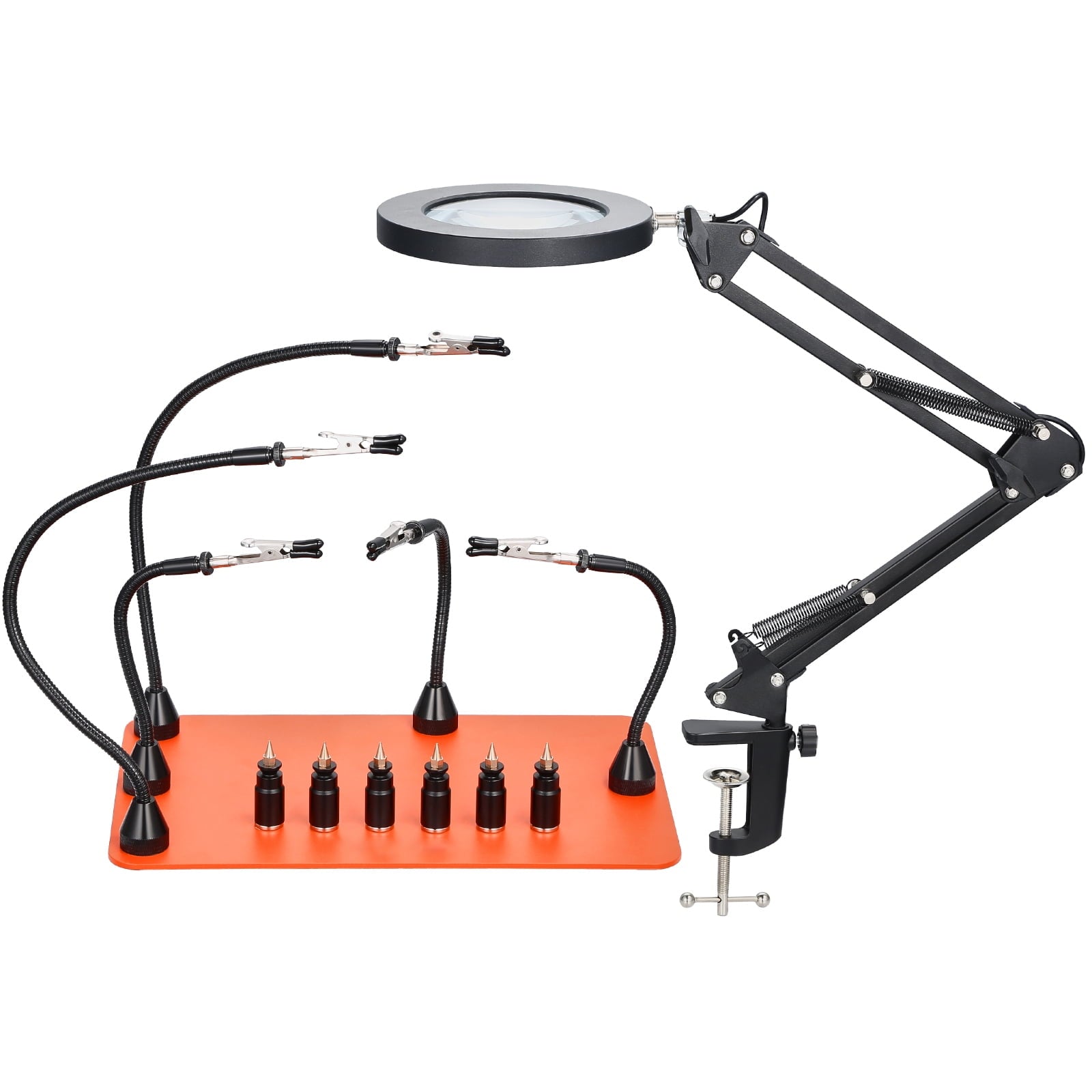 KFFKFF Magnetic Helping Hands Soldering Station with 3X LED Magnifier, 5 Adjustable Arms, 6 PCB Holders, and Sturdy Base for Electronics, Crafts, and Repairs