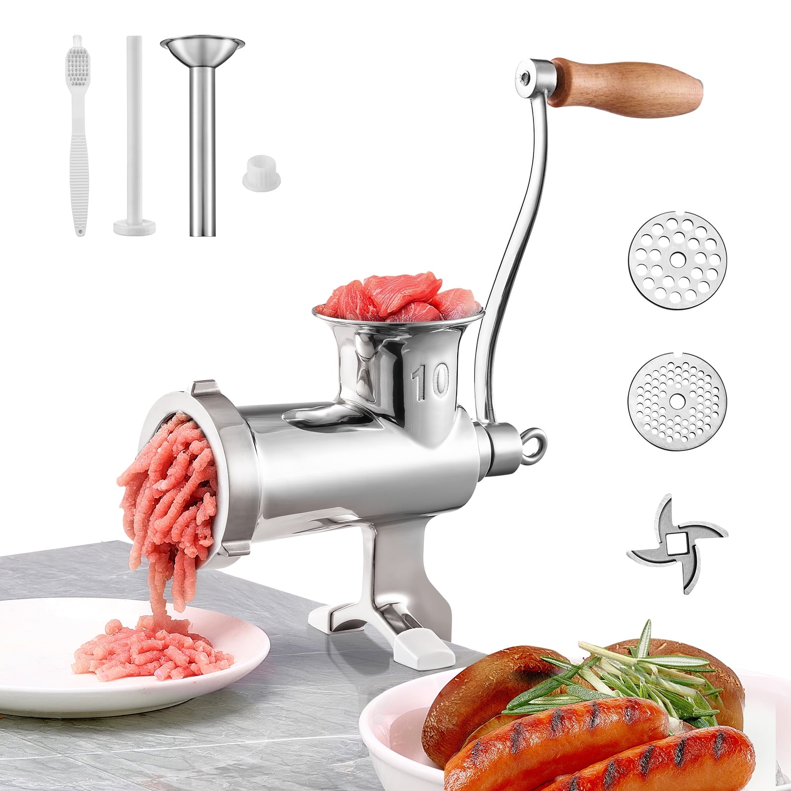 KFFKFF Manual Meat Grinder, 304 Stainless Steel Hand-Cranked Grinder with Table Clamp, Meat Mincer and Sausage Maker Featuring Cutting Blade, Plates, and Sausage Tube for Various Ingredients