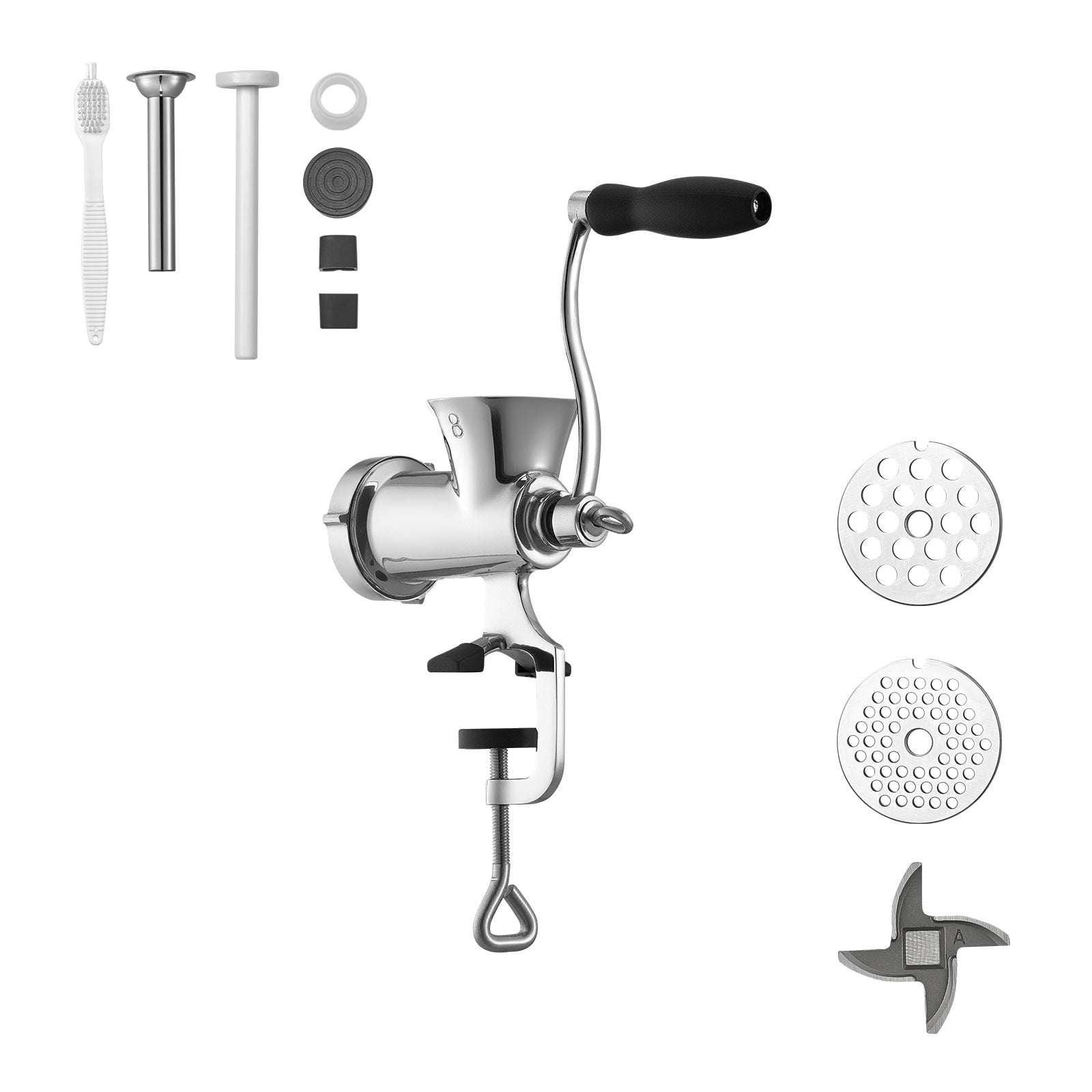 KFFKFF Manual Meat Grinder, 304 Stainless Steel Hand-Cranked Meat Mincer with Table Clamp, Sausage Maker with Two Cutting Plates and Sausage Tube, Food Grinder for Beef, Pork