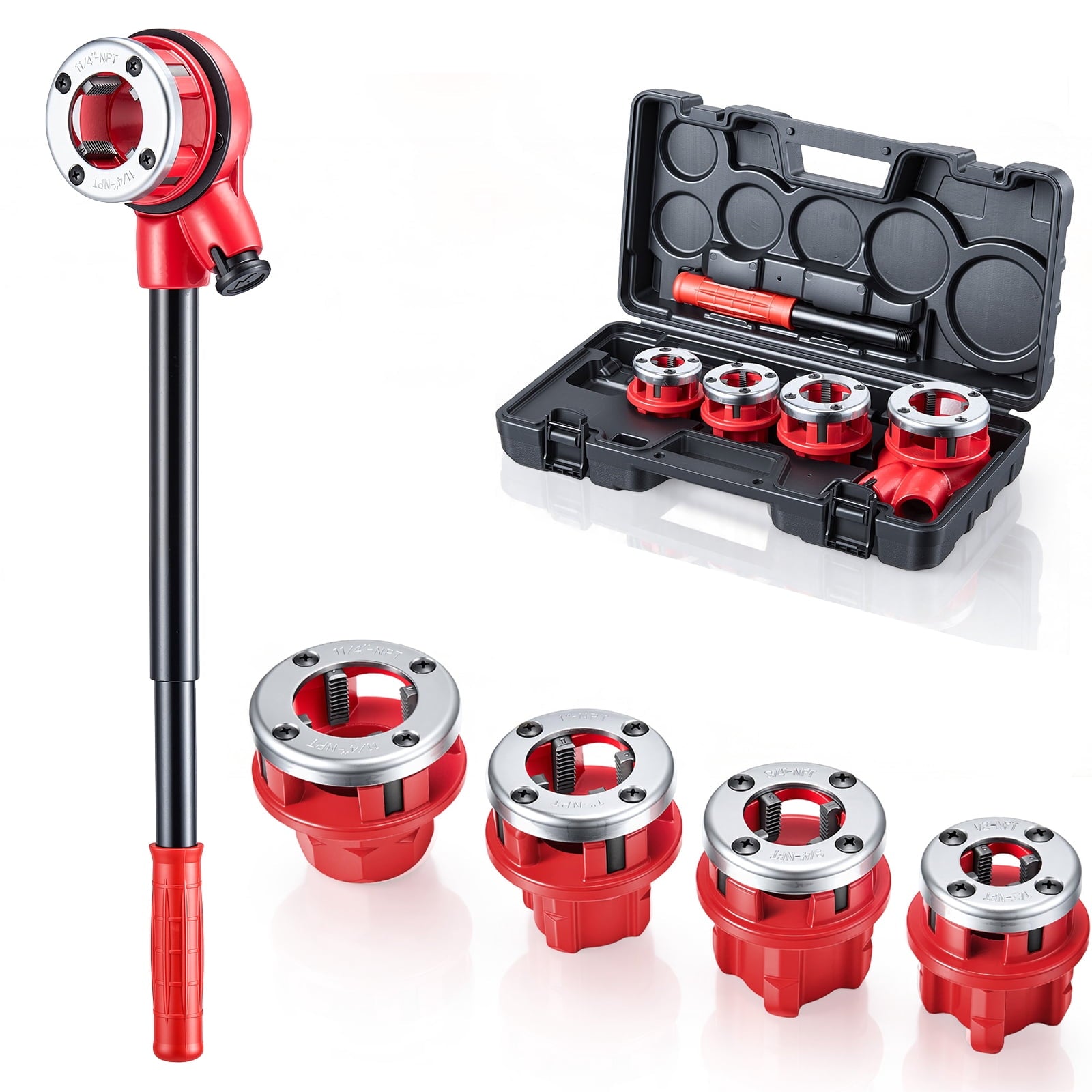KFFKFF Manual Ratchet Pipe Threader Kit with 4 Dies, 1/2" NPT, 3/4" NPT, 1" NPT, 1-1/4" NPT, Portable Threading Tool Set with Toolbox for Plumbing Projects and Repairs