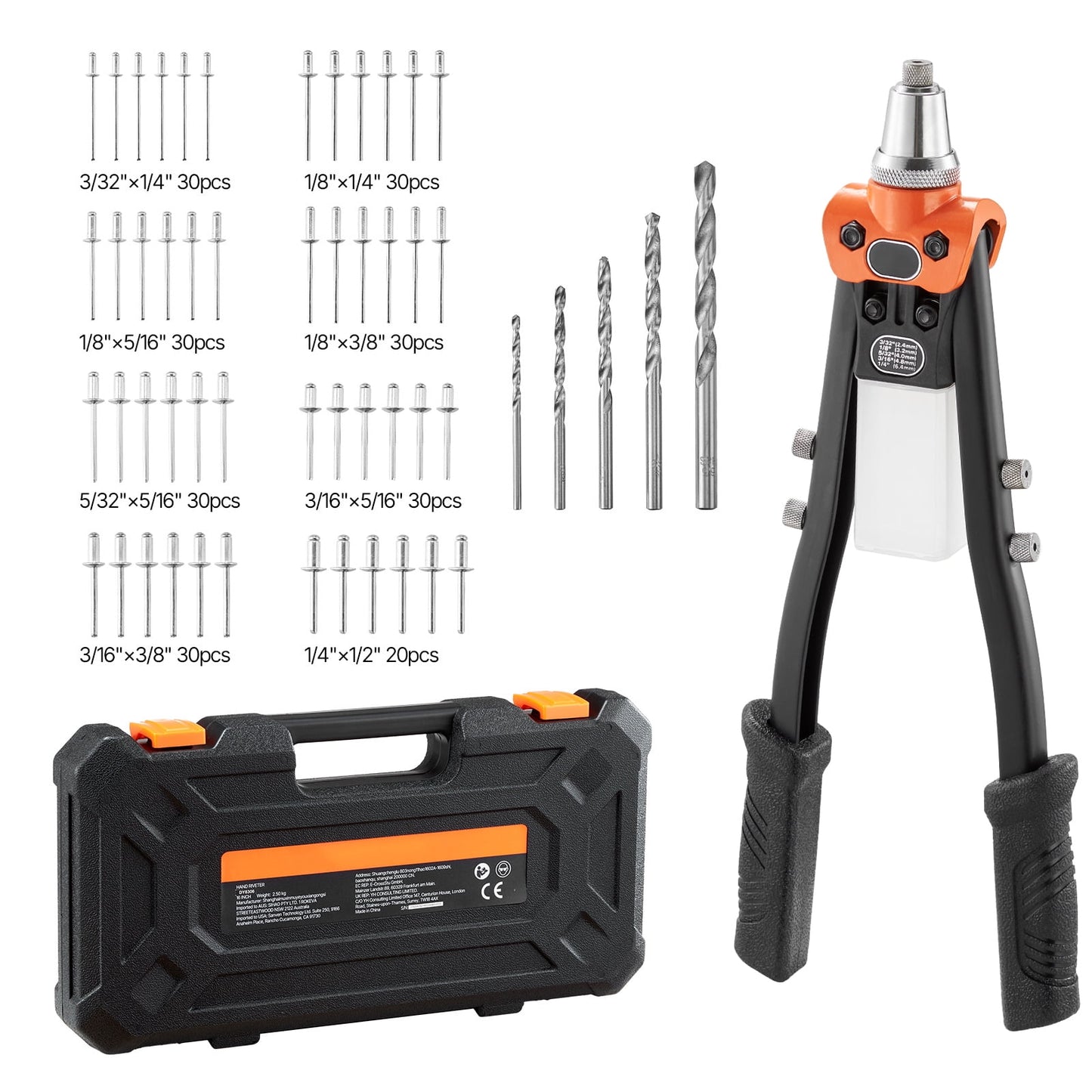 KFFKFF Manual Rivet Gun Kit with 230 Rivets, Two-Handed Tool Featuring 5 Replaceable Nosepieces, 5 Drill Bits, and a Storage Case, Ideal for Metalwork, Automotive Repairs, Home Projects, and DIY Task