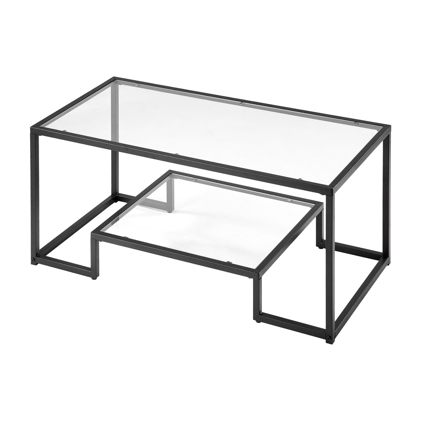KFFKFF Modern Tempered Glass Coffee Table, 2-Tier Rectangular Design with Open Storage, Minimalist Metal Frame for Living Room or Office, Easy to Assemble
