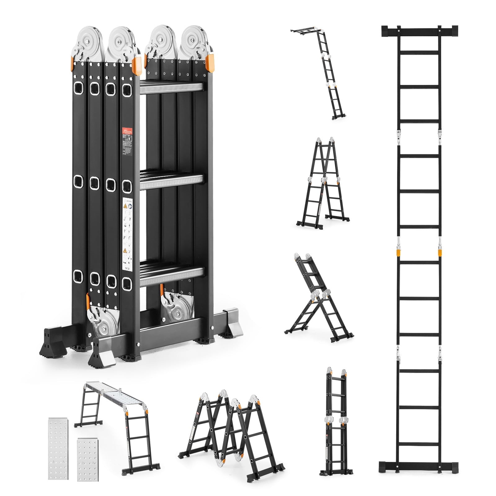 KFFKFF Multi-Functional Folding Ladder, 7-in-1 Adjustable Extension Ladder, 3-Step A-Frame with Scaffolding Board, 12ft Reach Height, 330 lbs Load Capacity for Indoor and Outdoor Use