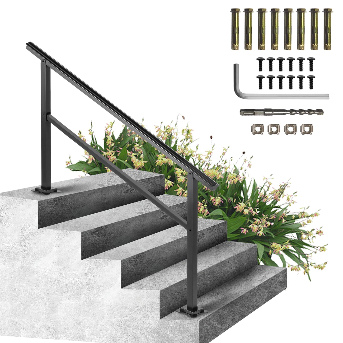 KFFKFF Outdoor Aluminum Stair Handrail, 165LBS Load Capacity, 60 x 35" Railing for 4-5 Steps, Adjustable 0-30Â° Angle, Includes Screw Kit