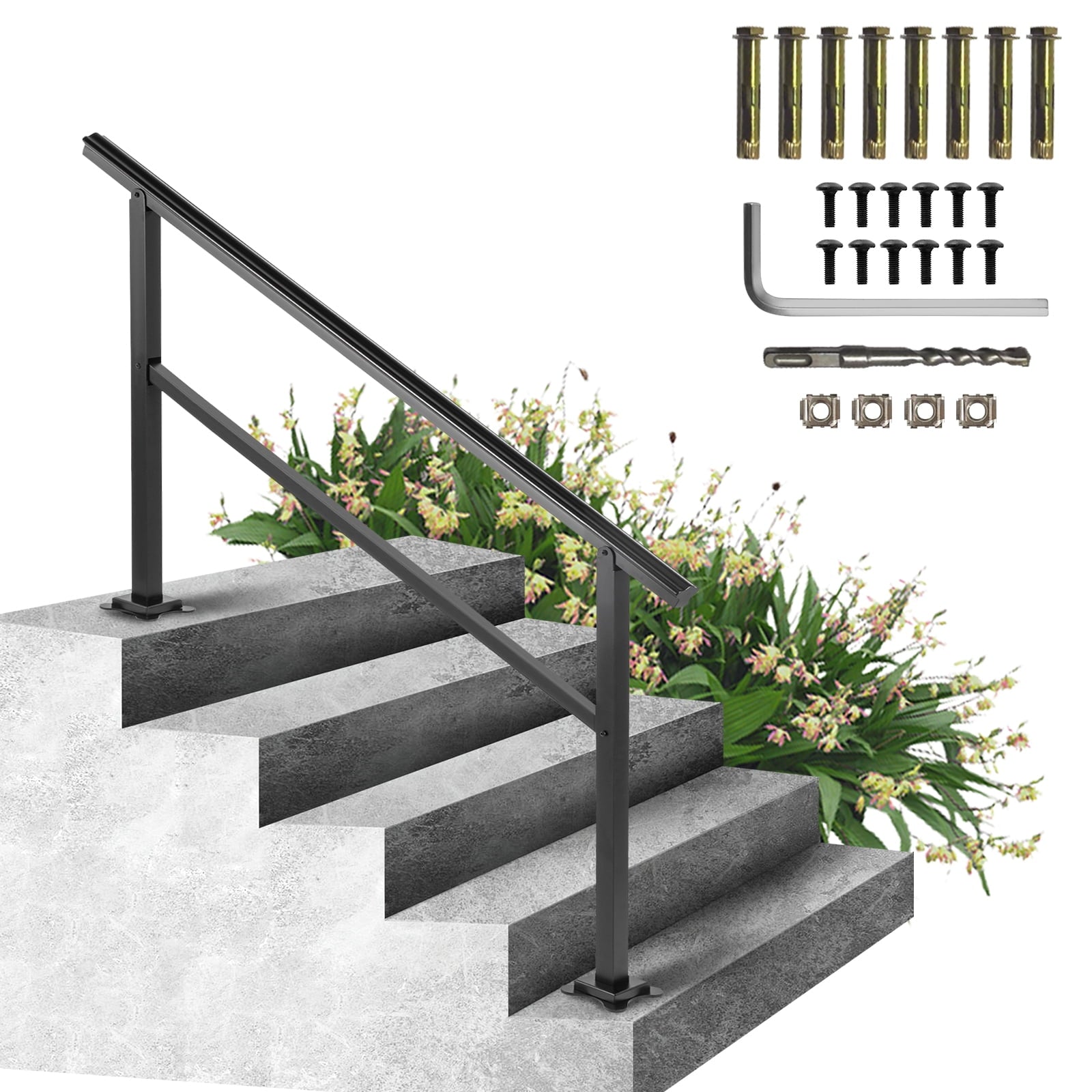 KFFKFF Outdoor Aluminum Stair Handrail, 165LBS Load Capacity, 60 x 35" Railing for 4-5 Steps, Adjustable 0-30Â° Angle, Includes Screw Kit