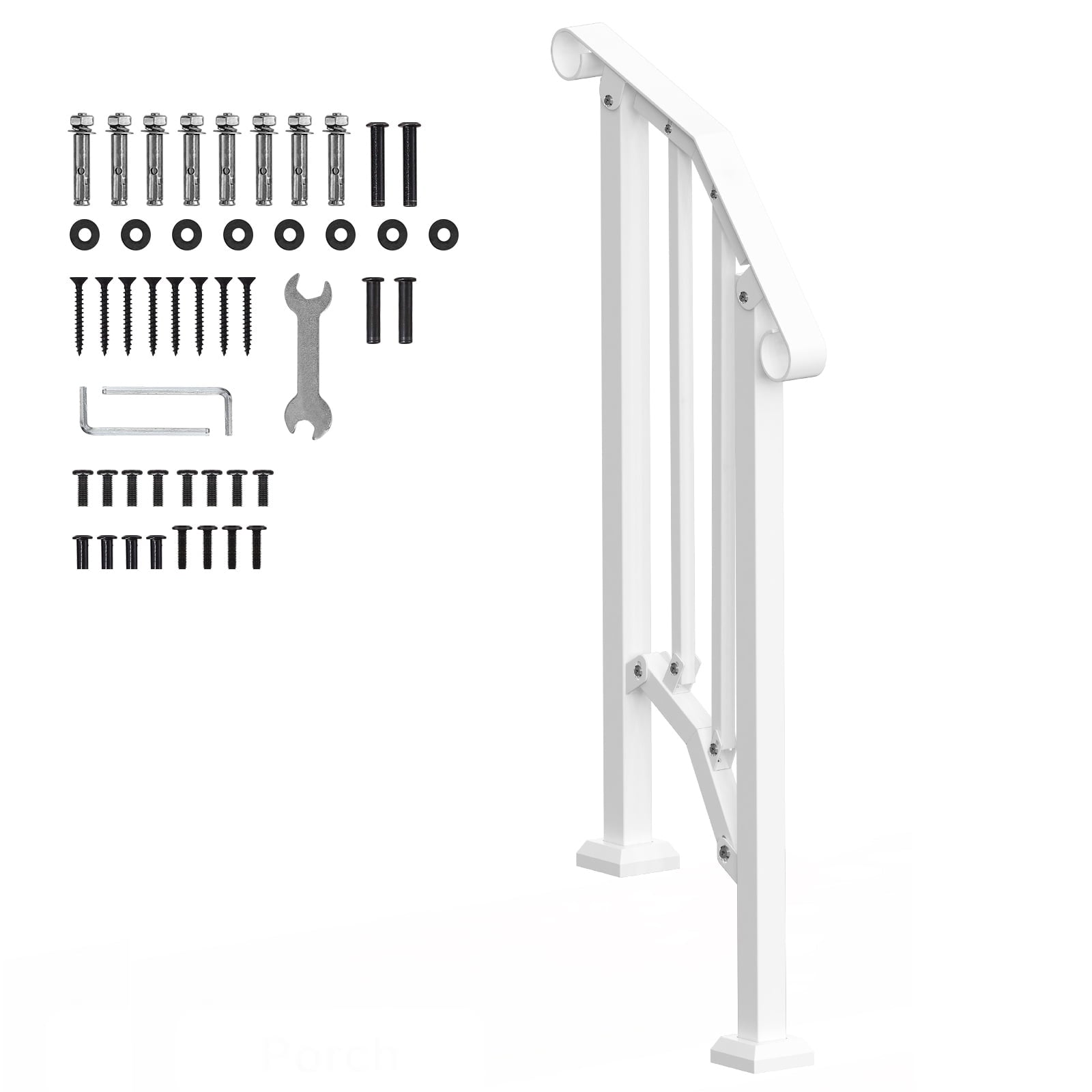 KFFKFF Outdoor Handrails for 1-2 Steps, Stair Hand Rail Kit with Installation Tools, Durable Carbon Steel Railings, Ideal for Seniors, Suitable for Concrete Steps, Porches & Decks, White Arch Design
