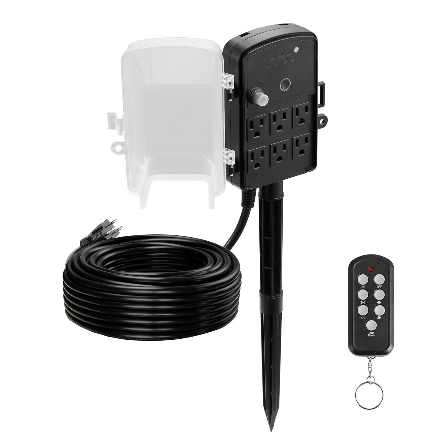KFFKFF Outdoor Power Stake with 100FT Extension Cord, Weather-Resistant Power Strip with Cover, Remote-Controlled Light Timer, 6 Outlets, 1625W/13A, Ideal for Holiday Decorations and Garden Use