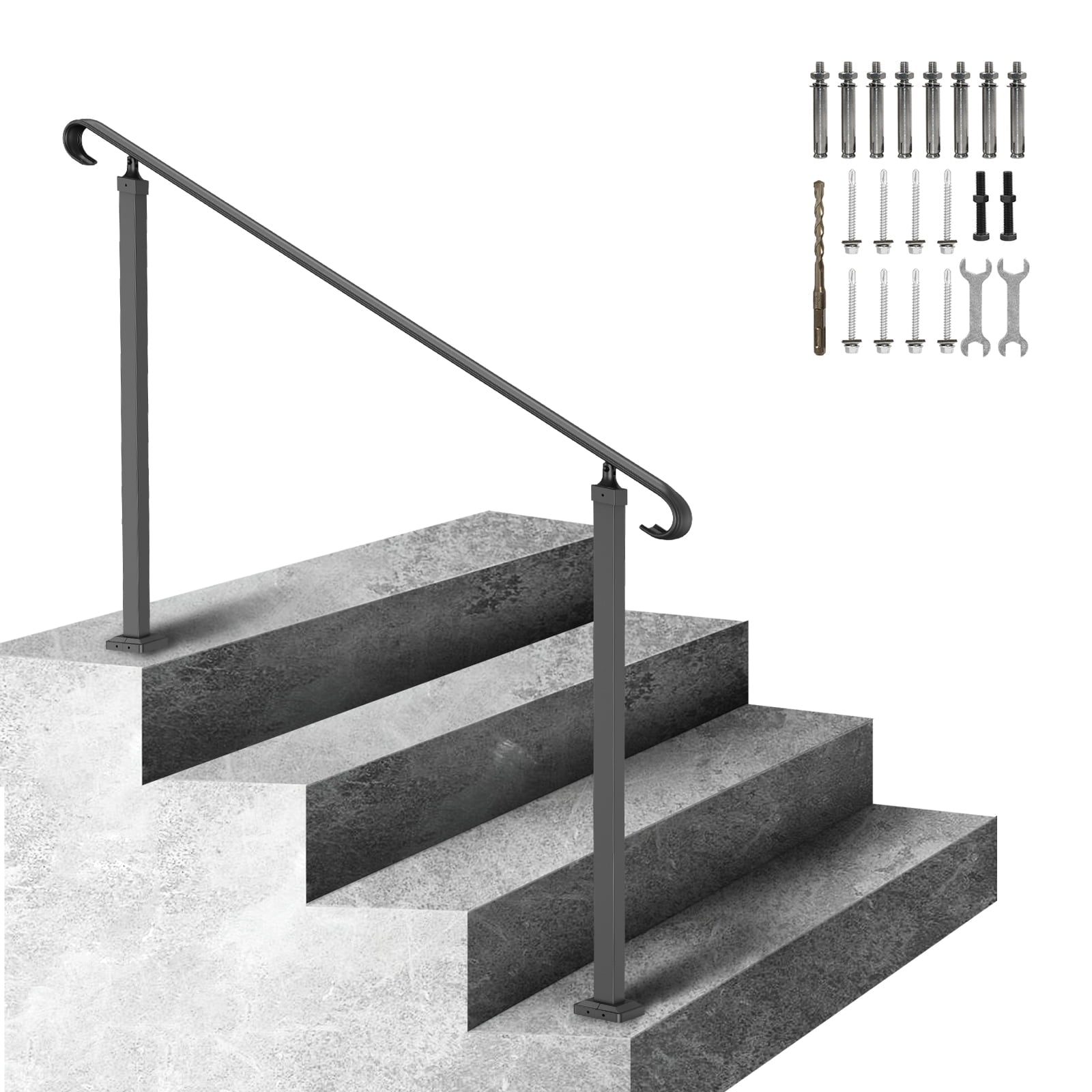 KFFKFF Outdoor Stair Handrails, Suitable for 3-5 Steps, Wrought Iron Railing, Adaptable Front Porch Rail, Black Transitional Railings for Concrete or Wooden Steps