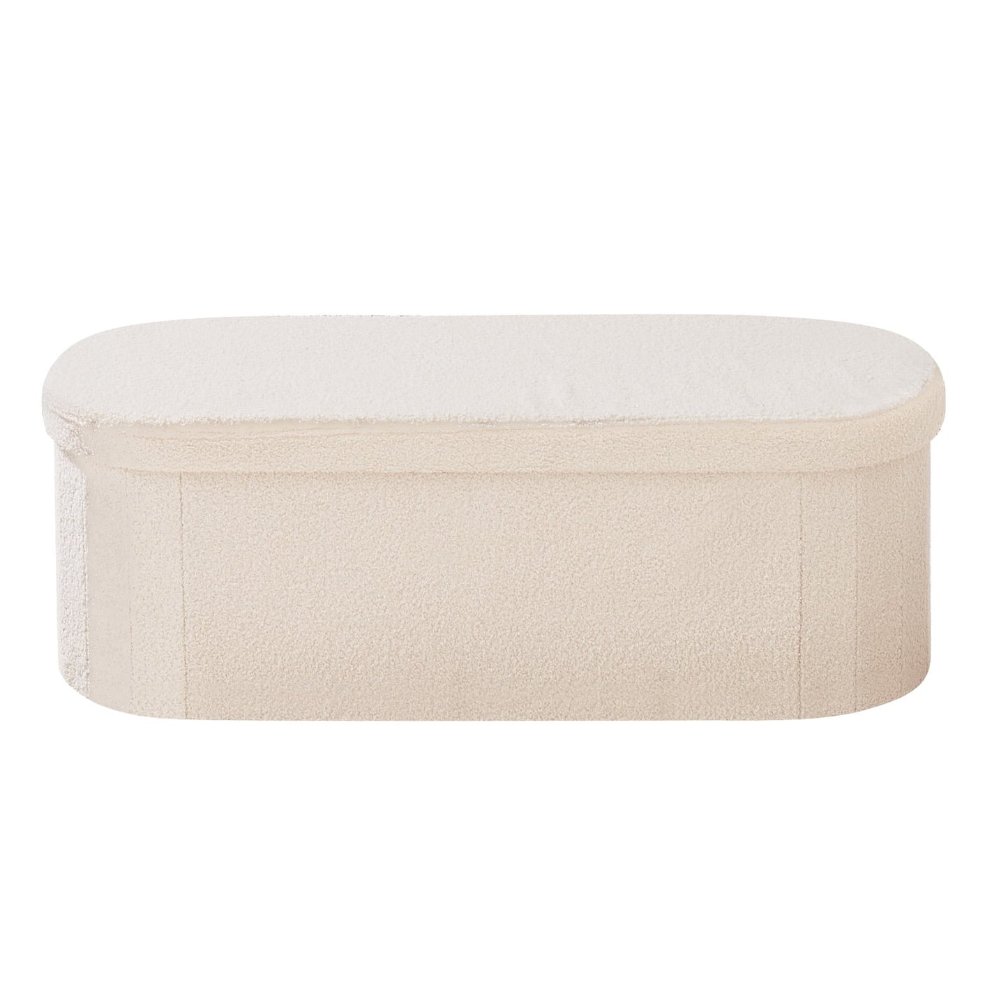 KFFKFF Oval Storage Ottoman Bench, Foldable Teddy Fleece Upholstered Bench with Spacious Storage, Supports 660 lbs, Ideal for Living Room, Bedroom, or Entryway, Beige