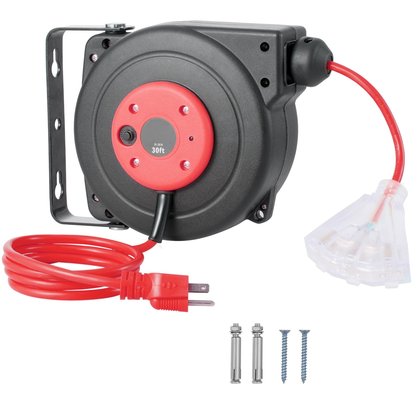 KFFKFF Pull-Out Power Cable Reel, 30 FT, Durable 16AWG/3C SJTOW Cable Reel with Illuminated Triple Outlet, 10 Amp Safety Breaker, 4.5FT Connection Cord, Suitable for Ceiling or Wall Installation
