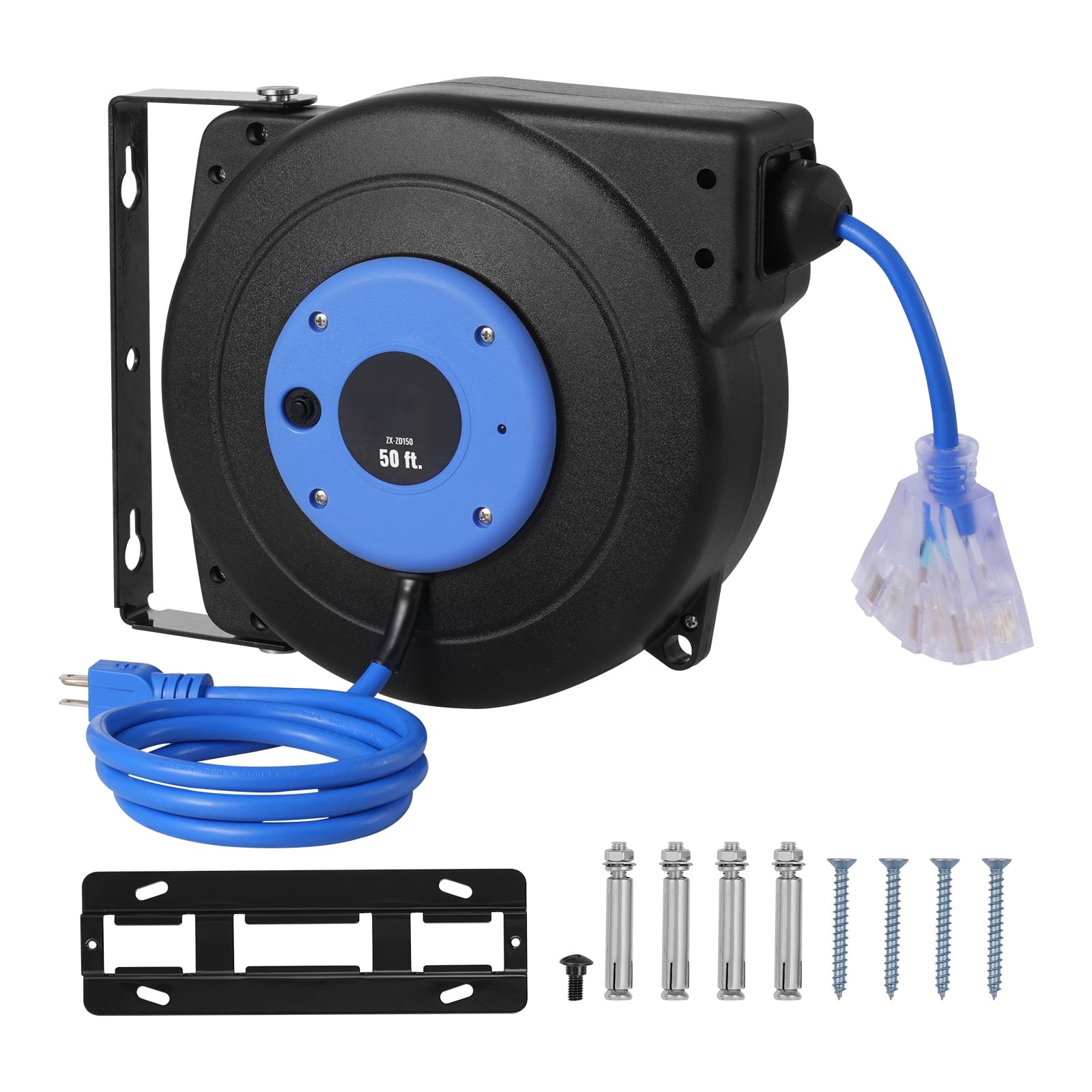 KFFKFF Pull-Out Power Cable Reel, 50 Feet, Robust 14AWG/3C SJTOW Retractable Electrical Wire with Illuminated Triple Tap Outlet, 13 Amp Circuit Interrupter 180Â° Pivoting Bracket for Overhead