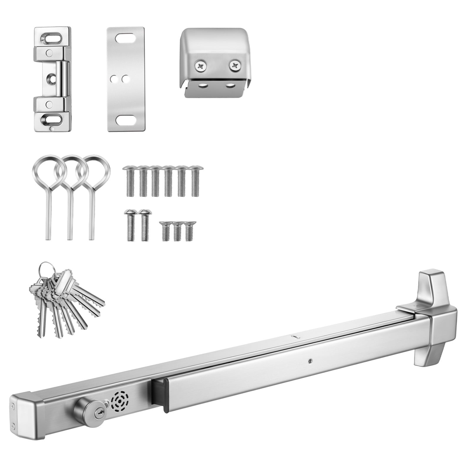 KFFKFF Push Bar Panic Exit Device, 31" Stainless Steel Emergency Door Hardware with Alarm System and Sticker, Fits 31"-46" Wood or Metal Doors, Silver