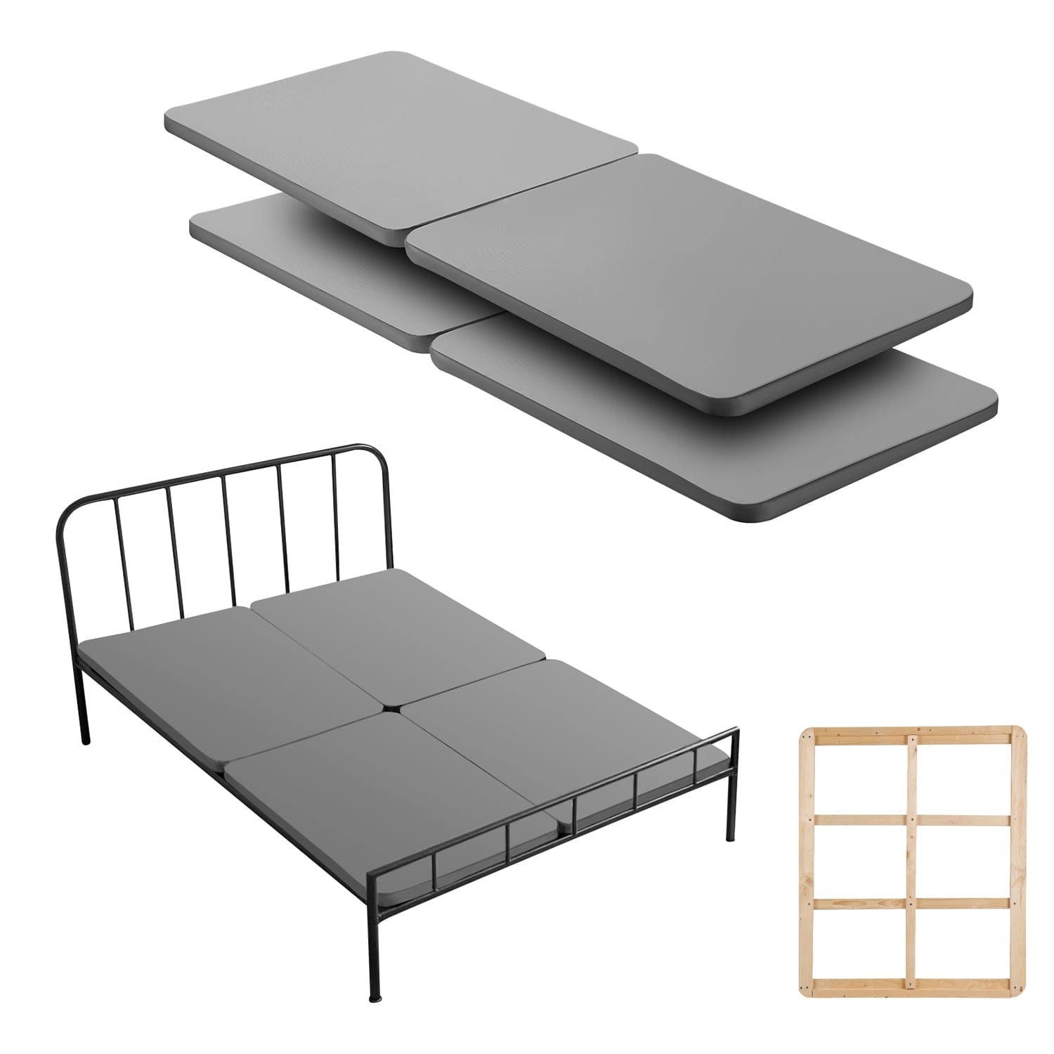 KFFKFF Queen Size Bunkie Board, 1.5-inch Bed Base with Durable Oxford Fabric, Wooden Mattress Support for Queen Beds, Simple Assembly Mattress Foundation, 4 Sections, Gray