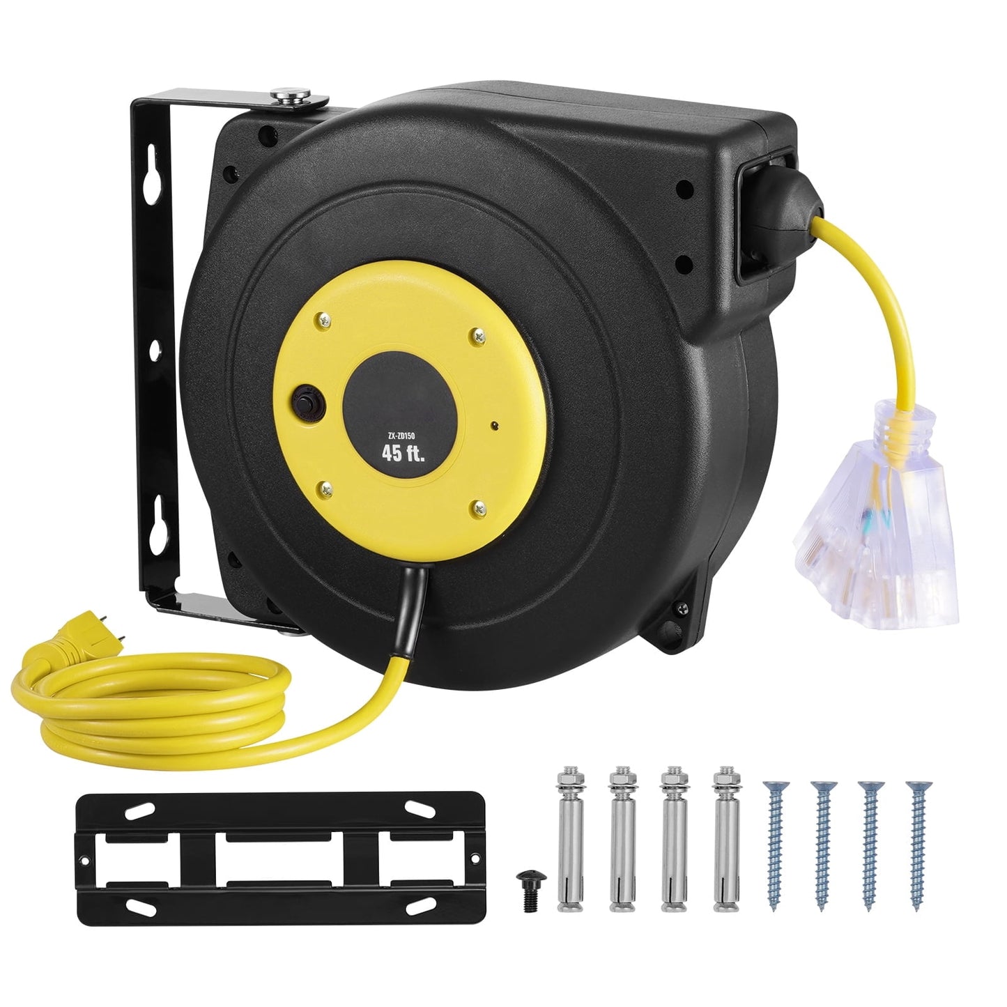 KFFKFF Retractable Power Cable Reel, 45 FT, Durable 12AWG/3C SJTOW Extension Cord with Illuminated Triple Outlet, 15 Amp Overload Protection, 180Â° Rotatable Bracket for Wall or Ceiling Installation