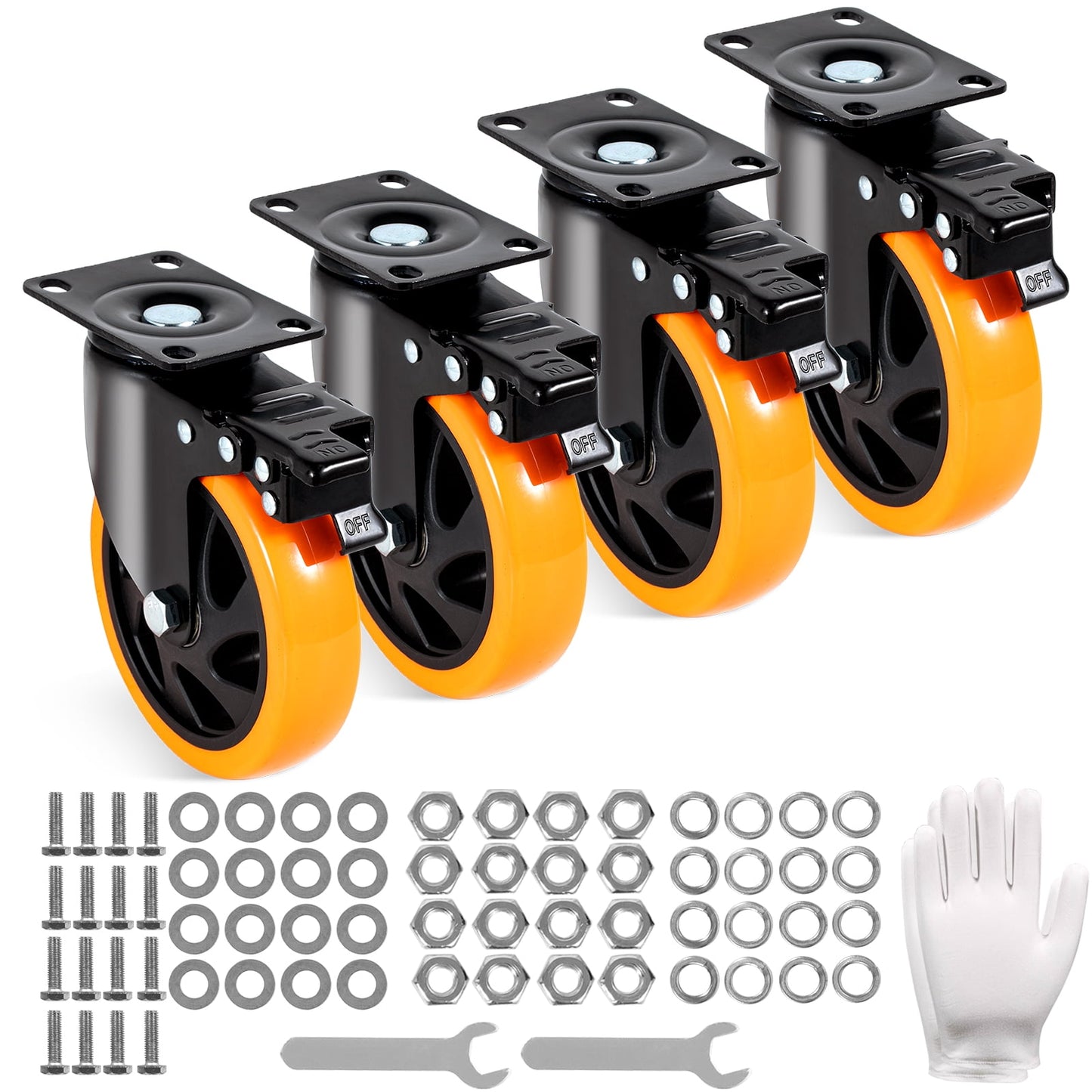 KFFKFF Rolling Casters, 5-inch Rotating Plate Casters, Pack of 4, Equipped with Secure A/B Locking Silent PVC Wheels, Robust 450 lbs Weight Limit Per Caster, Scratch-Free Wheels