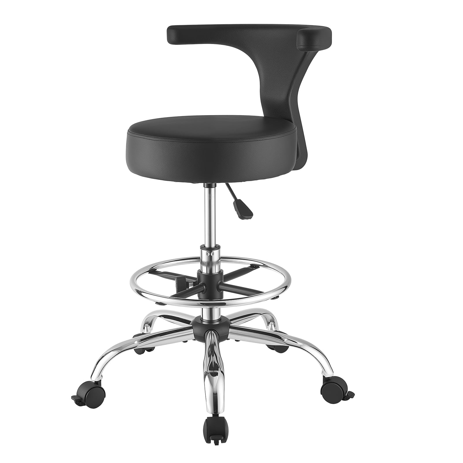 KFFKFF Rolling Stool with Backrest, 500 lbs Capacity, Adjustable Height, Cushioned Ergonomic PU Leather Seat, 360Â° Swivel Chair for Dental, Salon, Clinic, Black