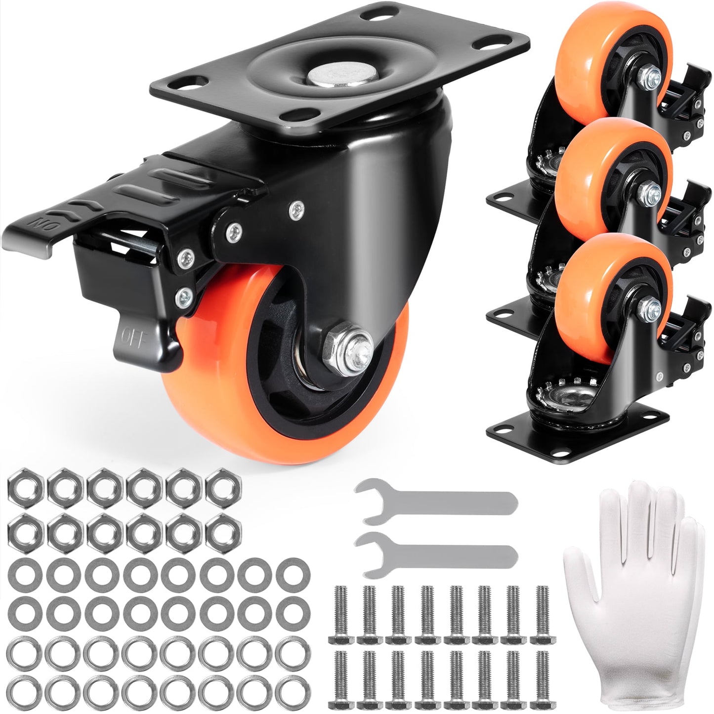 KFFKFF Rolling Wheels, 3-inch Rotating Plate Wheels, Pack of 4, Equipped with Secure A/B Lock Mechanism Silent PVC Wheels, Robust 250 lbs Weight Capacity Per Wheel