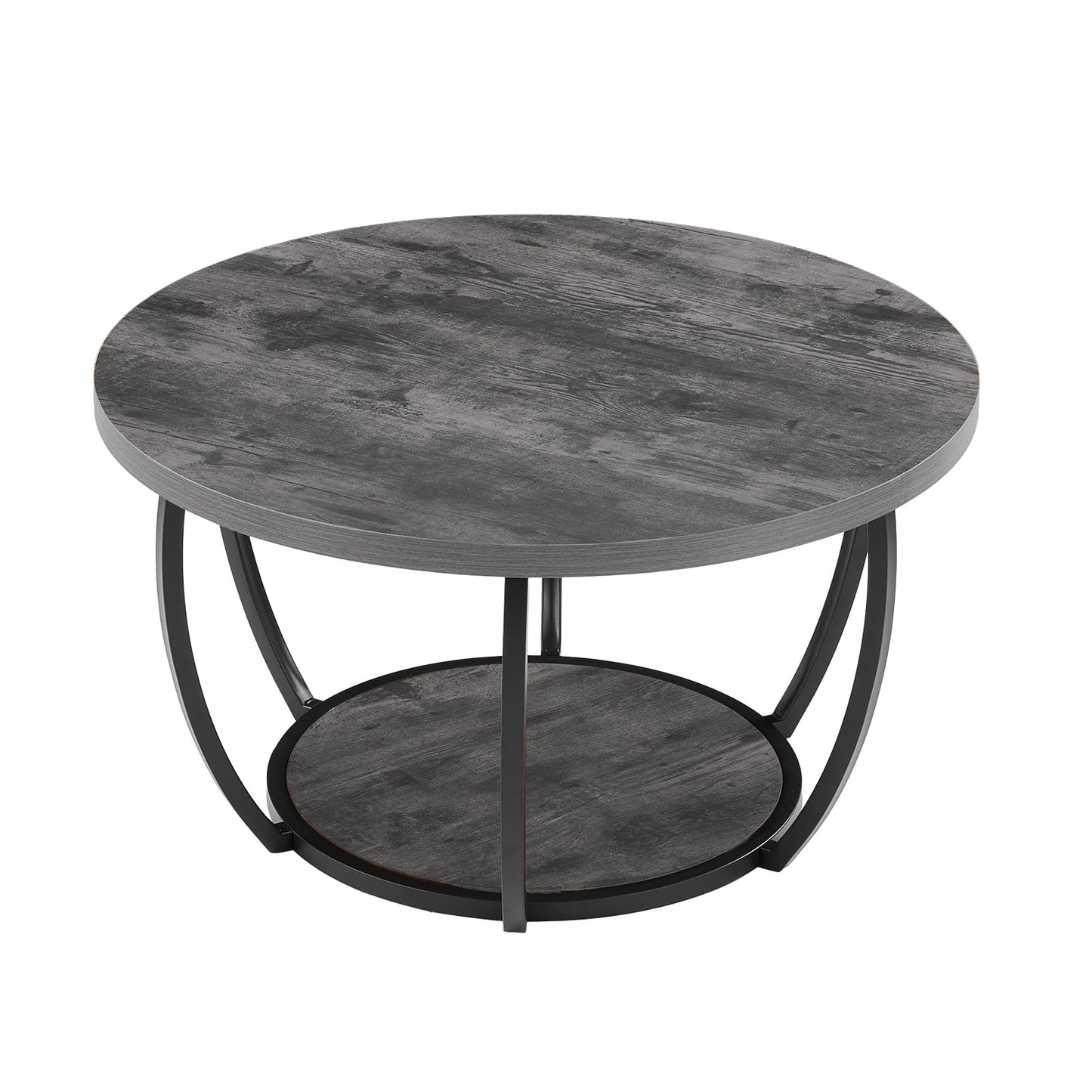 KFFKFF Round Coffee Table, Modern 2-Tier Wooden Center Table with Open Storage, Minimalist Design with Sturdy Metal Frame for Living Room or Office, Easy to Assemble, Grey