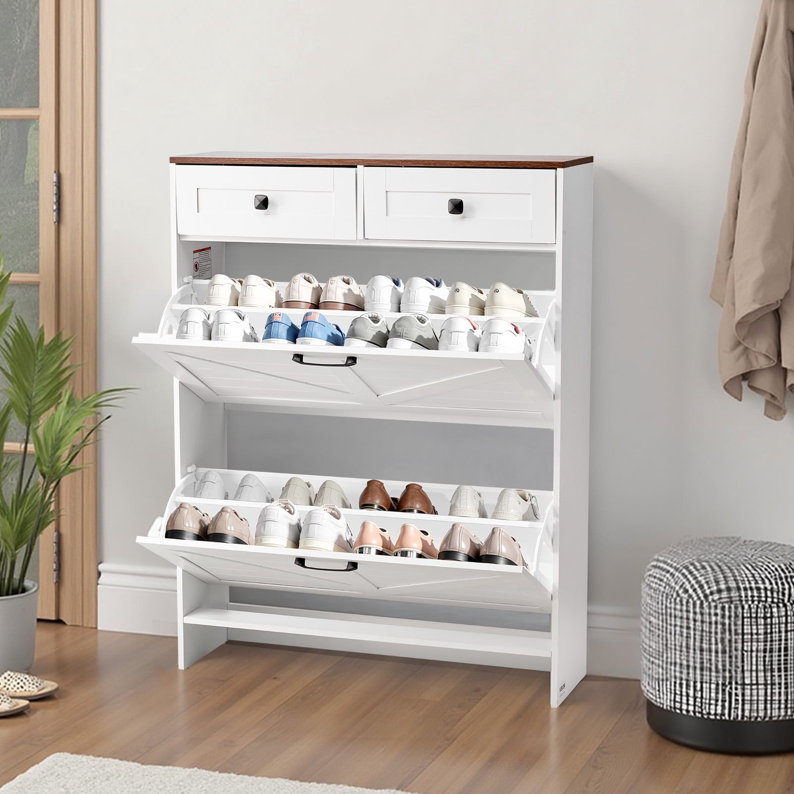 KFFKFF Shoe Cabinet, Shoe Storage Organize with 2 Flip Drawers with Adjustable Shelf, Shoe Cabinet for Entryway, Bedroom, White