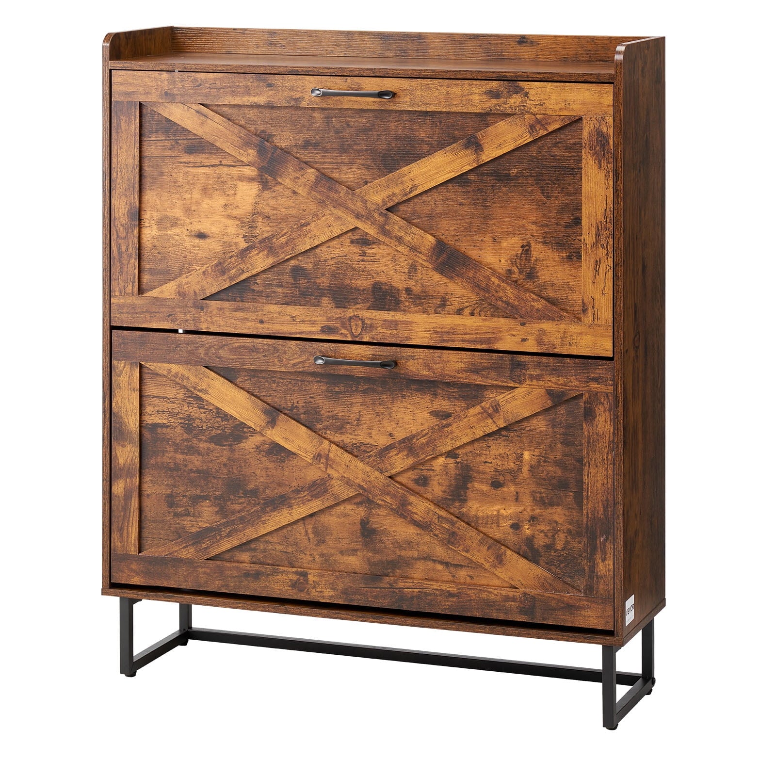 KFFKFF Freestanding Shoe Cabinet with 2 Flip Drawers, Rustic Shoe Storage Unit with Metal Legs and Anti-Tipping Design,Color:Brown