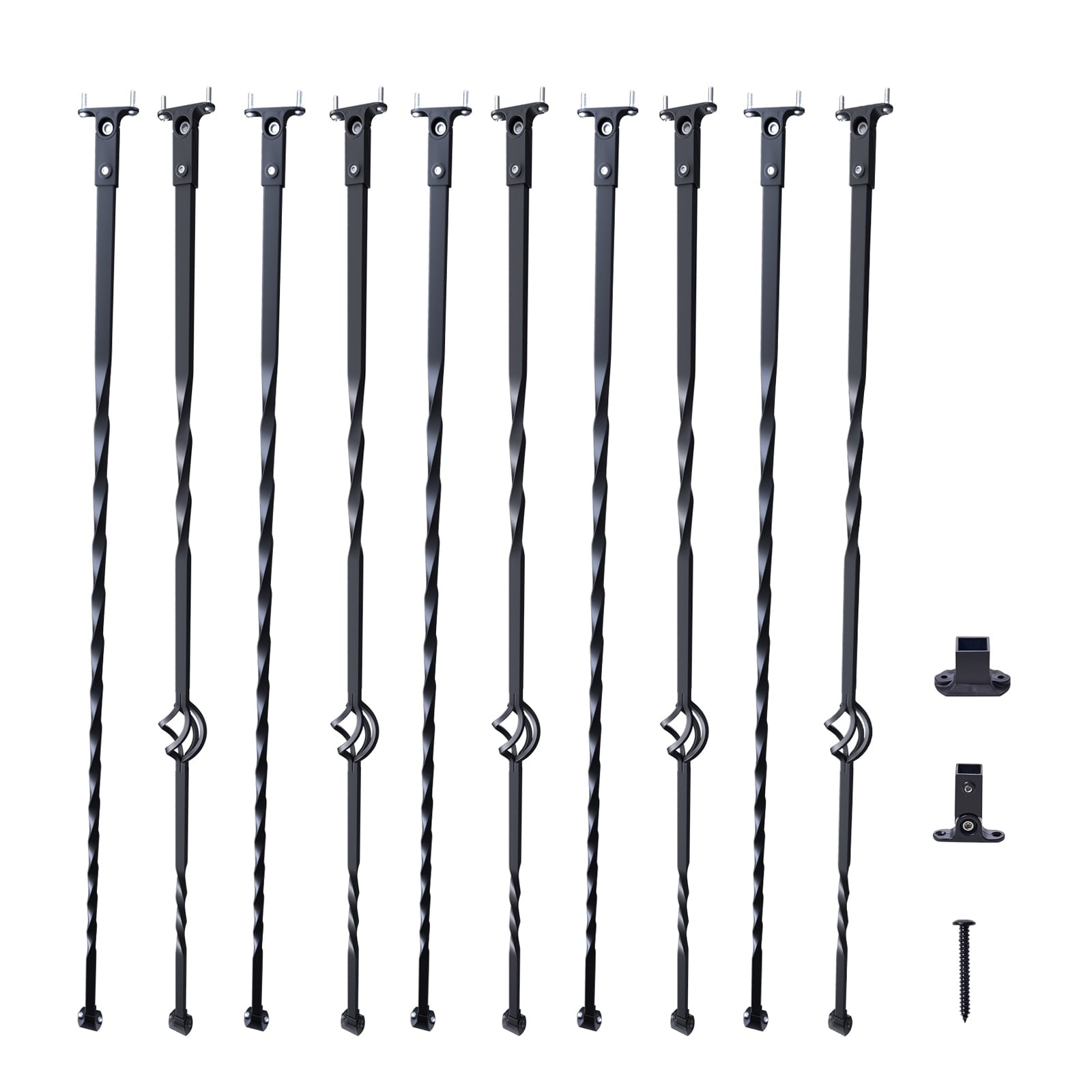 KFFKFF Staircase Metal Balusters, 44'' x 1/2" Galvanized Steel Decorative Banister Spindles, 10-Pack Deck Baluster with Hollow Basket and Twist Design, Spiral Stair Railing with Shoes and Screws