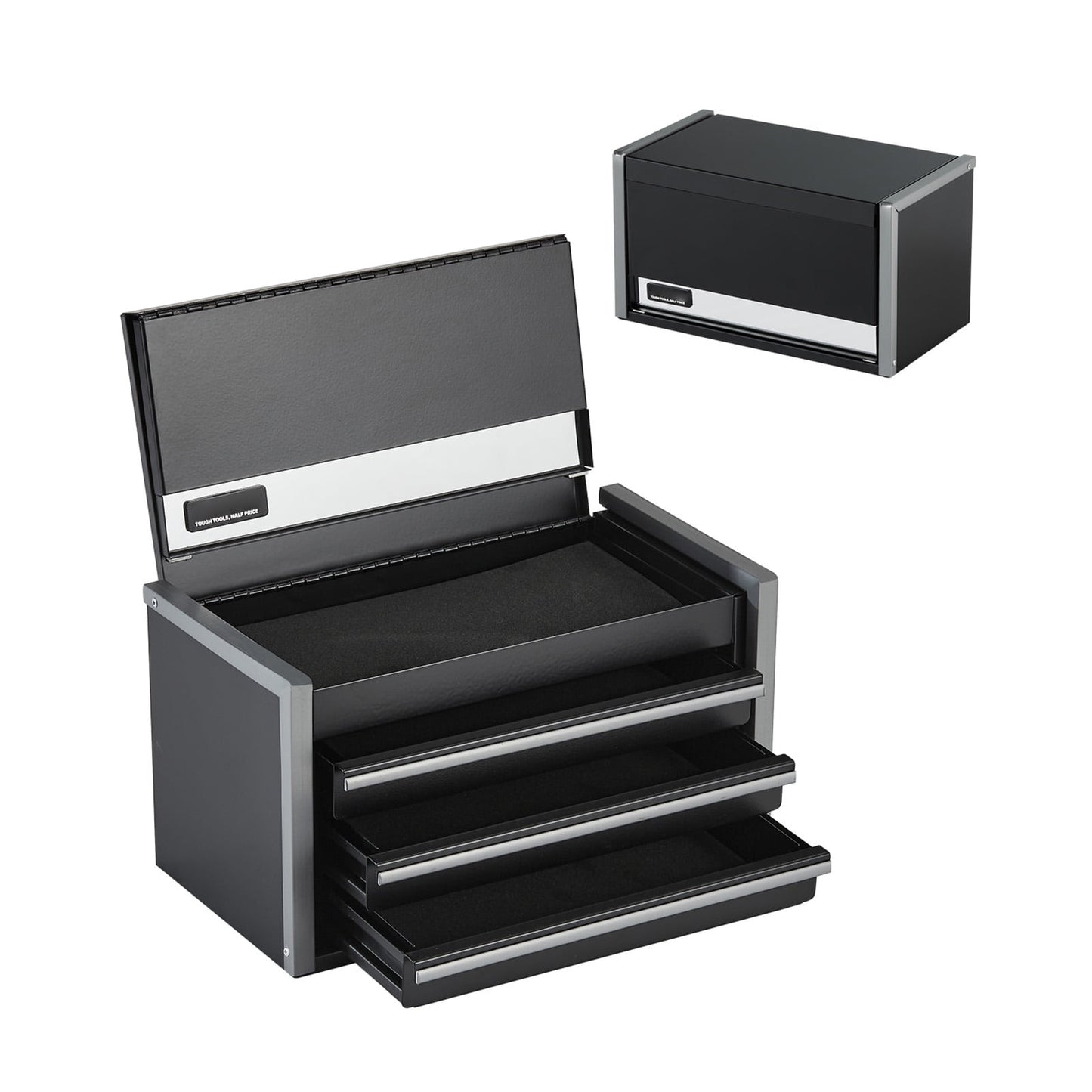 KFFKFF Steel Toolbox, 8.6-inch, Compact Steel Toolbox with Trio Drawers, Petite Equipment Caddy with EVA Cushions and PP Stabilizers, Robust Steel with Ball Bearing Access and Powdered Finish, Ebony