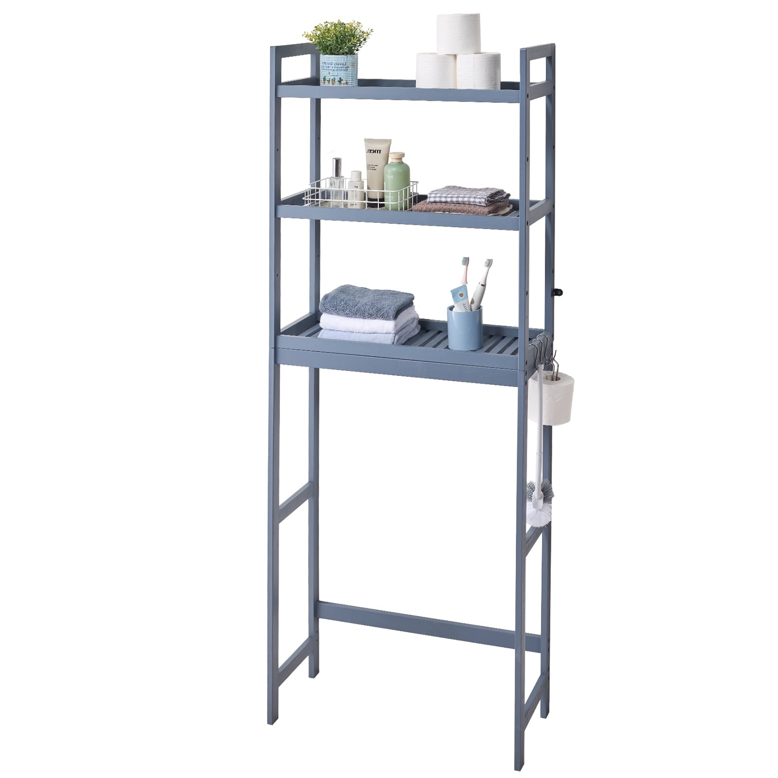 KFFKFF Above Toilet Organizer, 3-Level Bamboo Shelf with Adjustable Heights, Includes 3 Hooks, Freestanding Assembly for Bathroom and Laundry, Universally Compatible