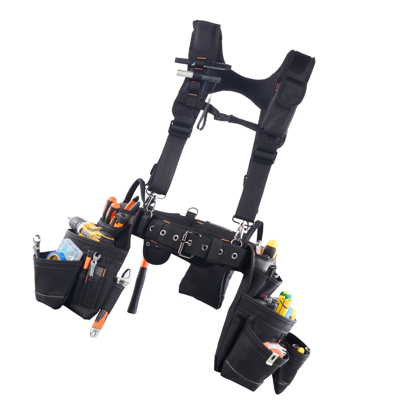 KFFKFF Tool Belt with 19 Pockets and Suspenders, Adjustable Utility Belt for Men, Durable Work Bag with Detachable Suspension Rig, Suitable for Electricians, Carpenters, and Construction Workers