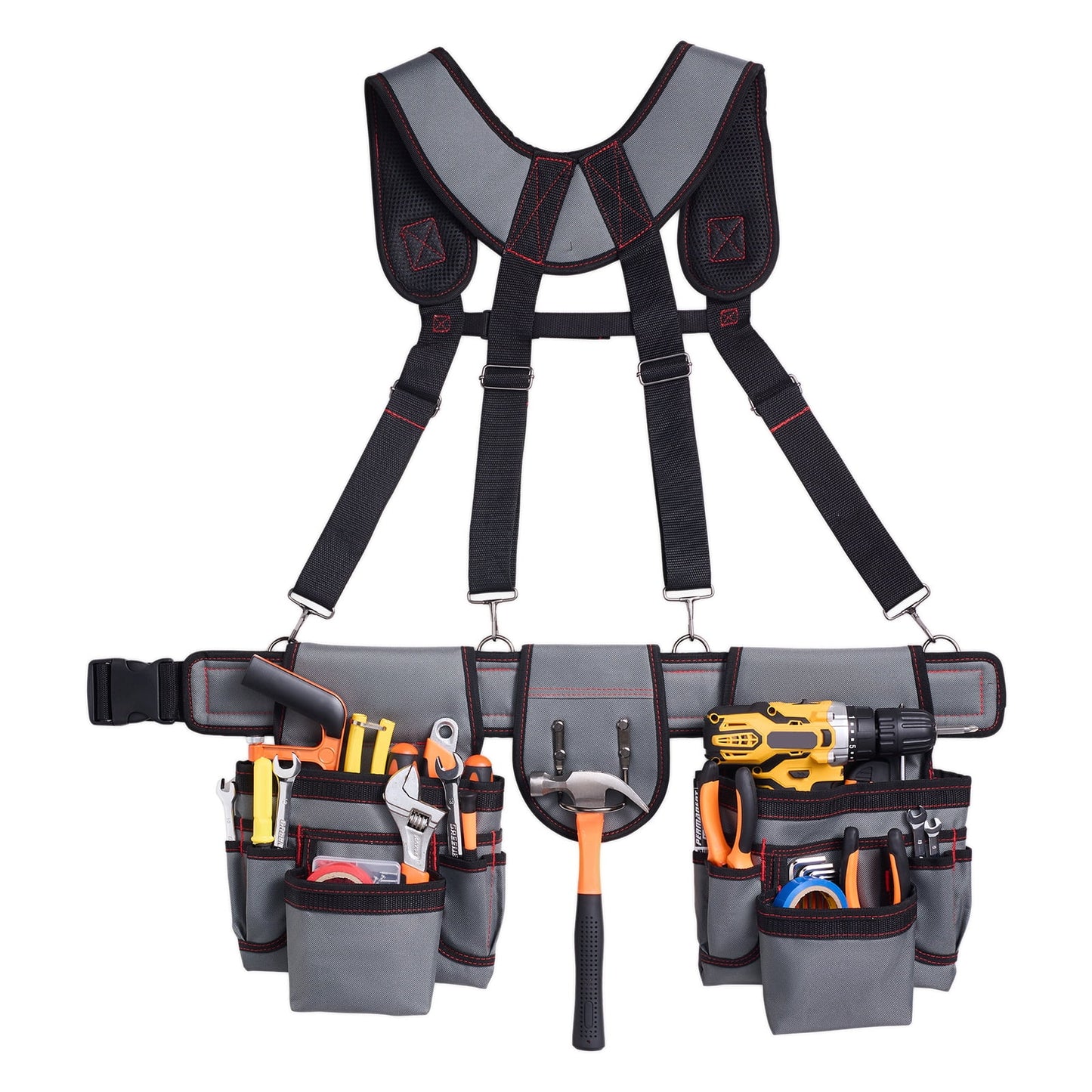 KFFKFF Tool Belt with 22 Pockets and Adjustable Suspenders, Heavy-Duty Utility Belt for Electricians, Carpenters, and Construction Workers, Adjustable Waist Size 32 to 68 Inches