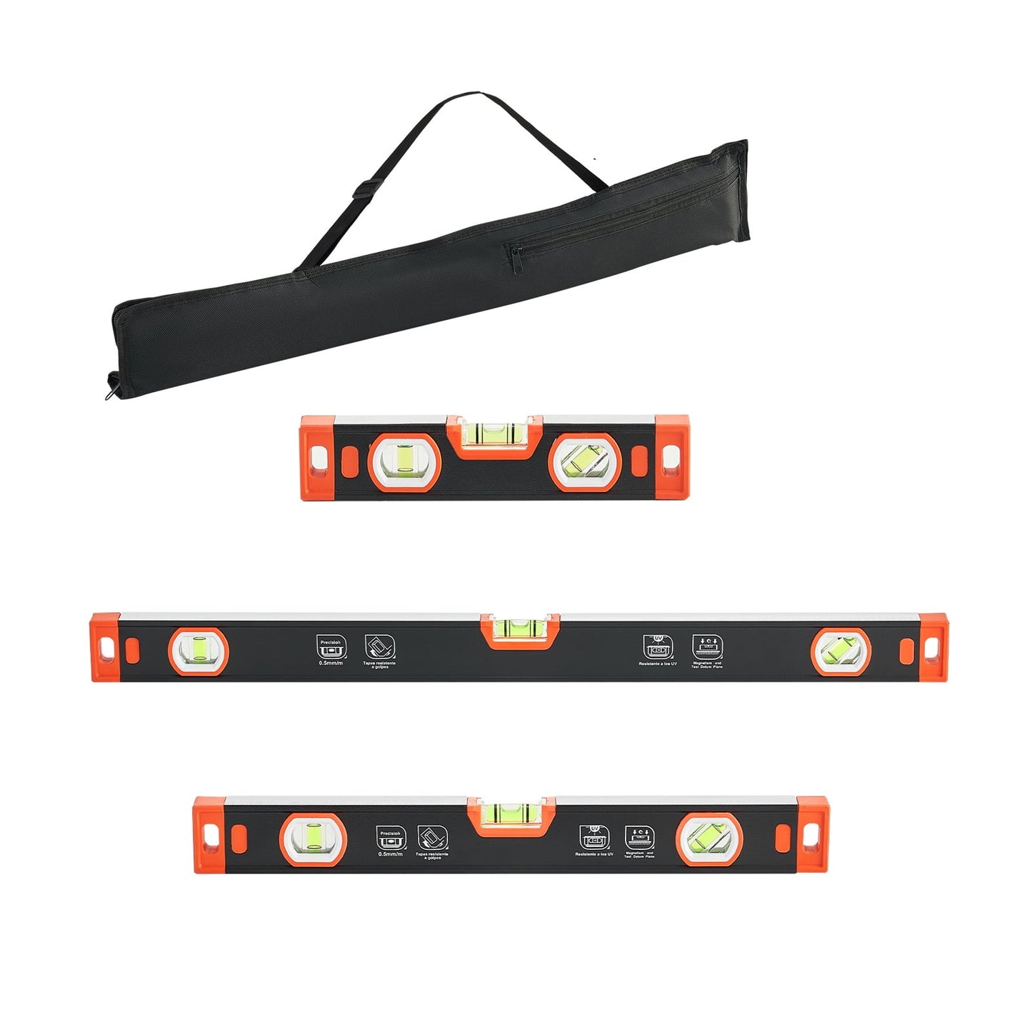KFFKFF Torpedo Level Set, 3 Sizes: 9/16/24 in, Magnetic Leveling Tools with Aluminum Alloy Build, Clear Green Vials, V-Groove Design, Hanging Hole, Suitable for Multi-Angle Measurements
